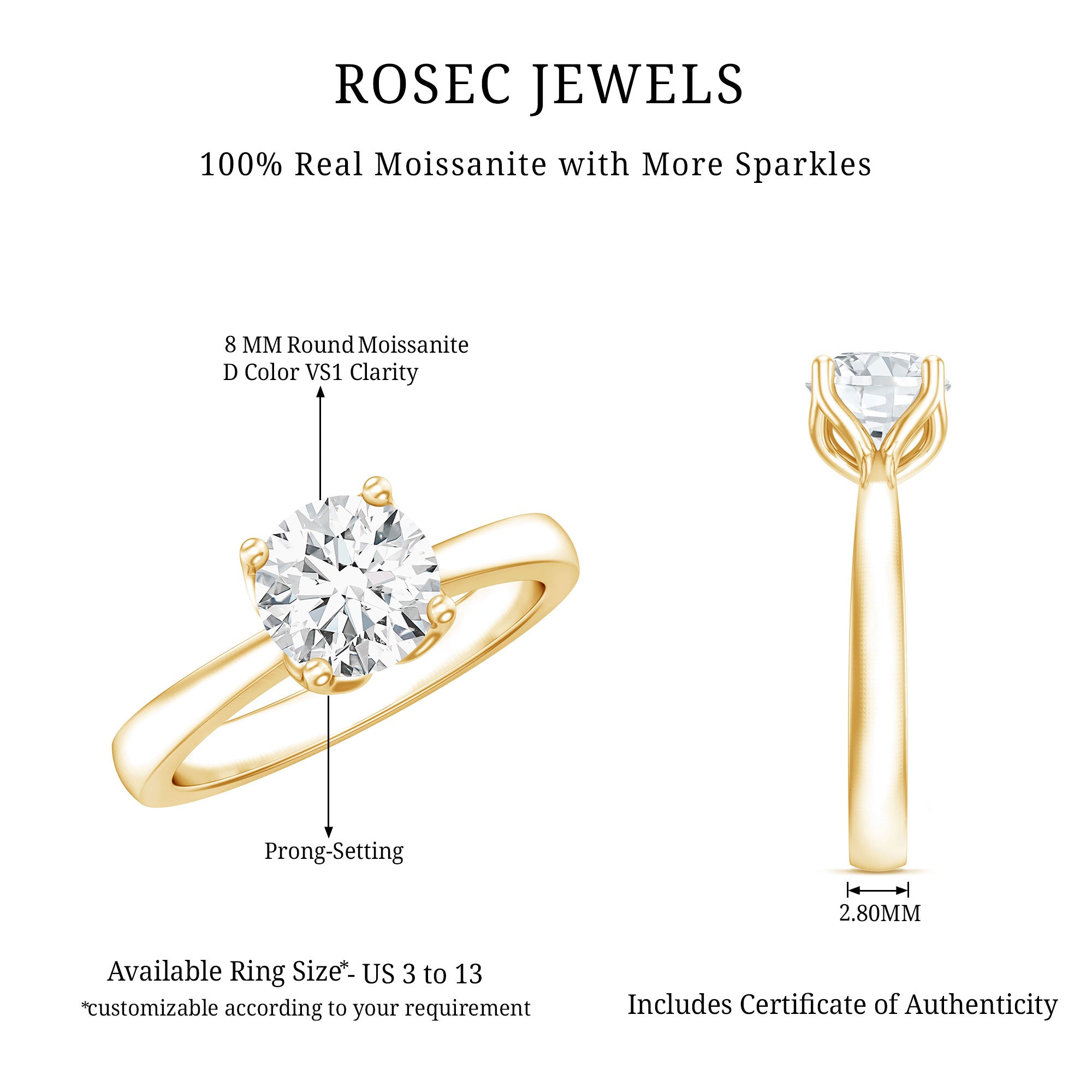 Petal Prong Set Round Moissanite Solitaire Engagement Ring D-VS1 - Rosec Jewels