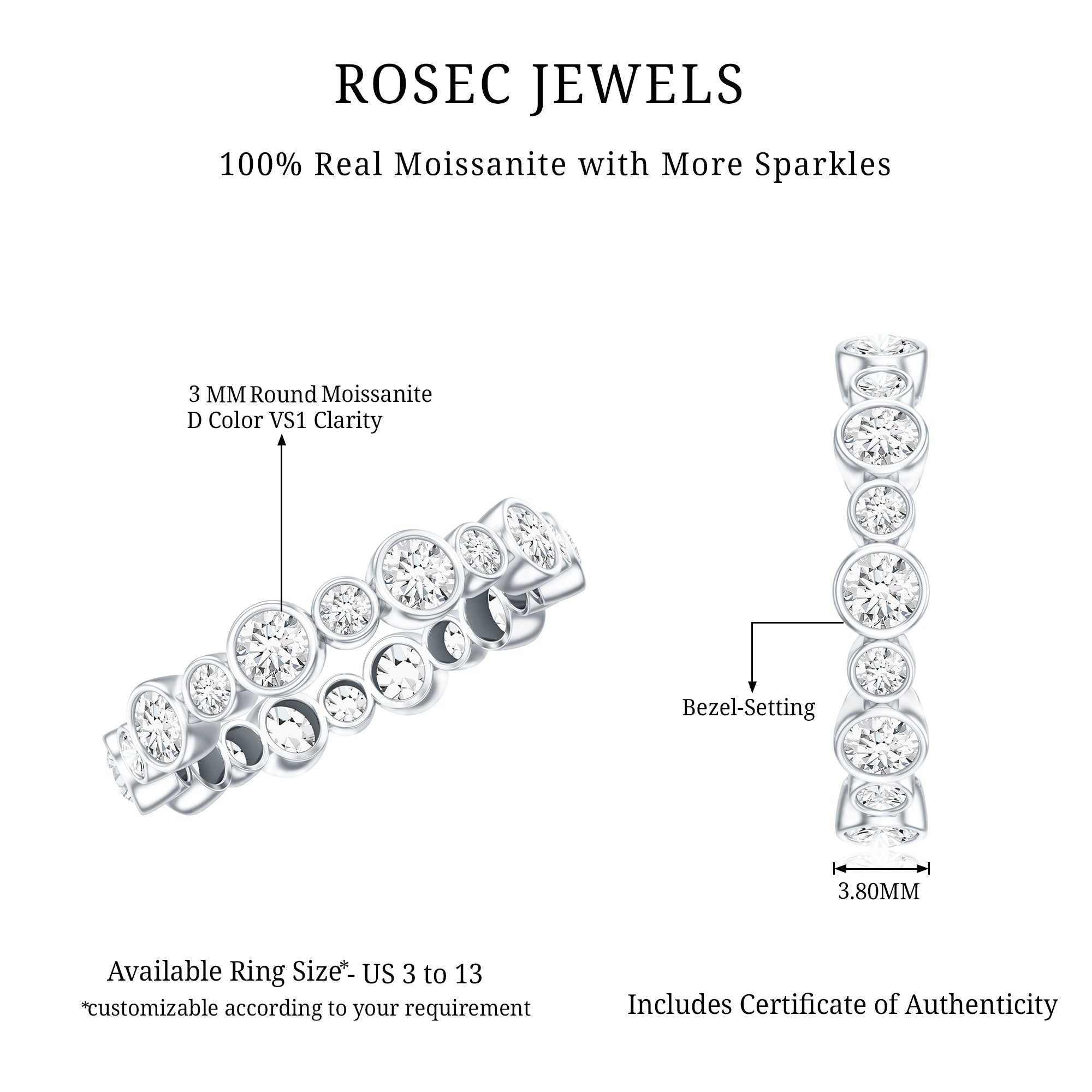 Certified Round Cut Moissanite Eternity Stackable Ring For Her D-VS1 - Rosec Jewels