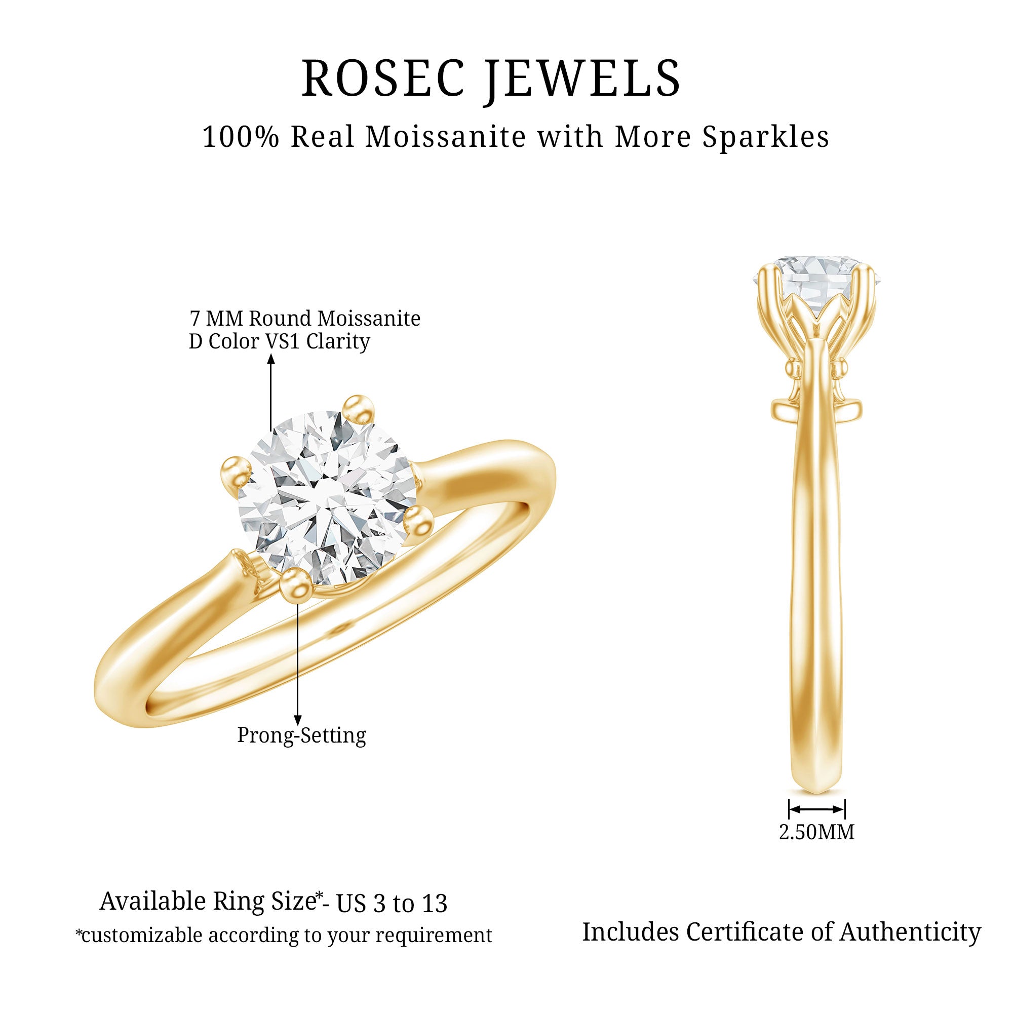 Round Shaped Moissanite Solitaire Engagement Ring D-VS1 - Rosec Jewels