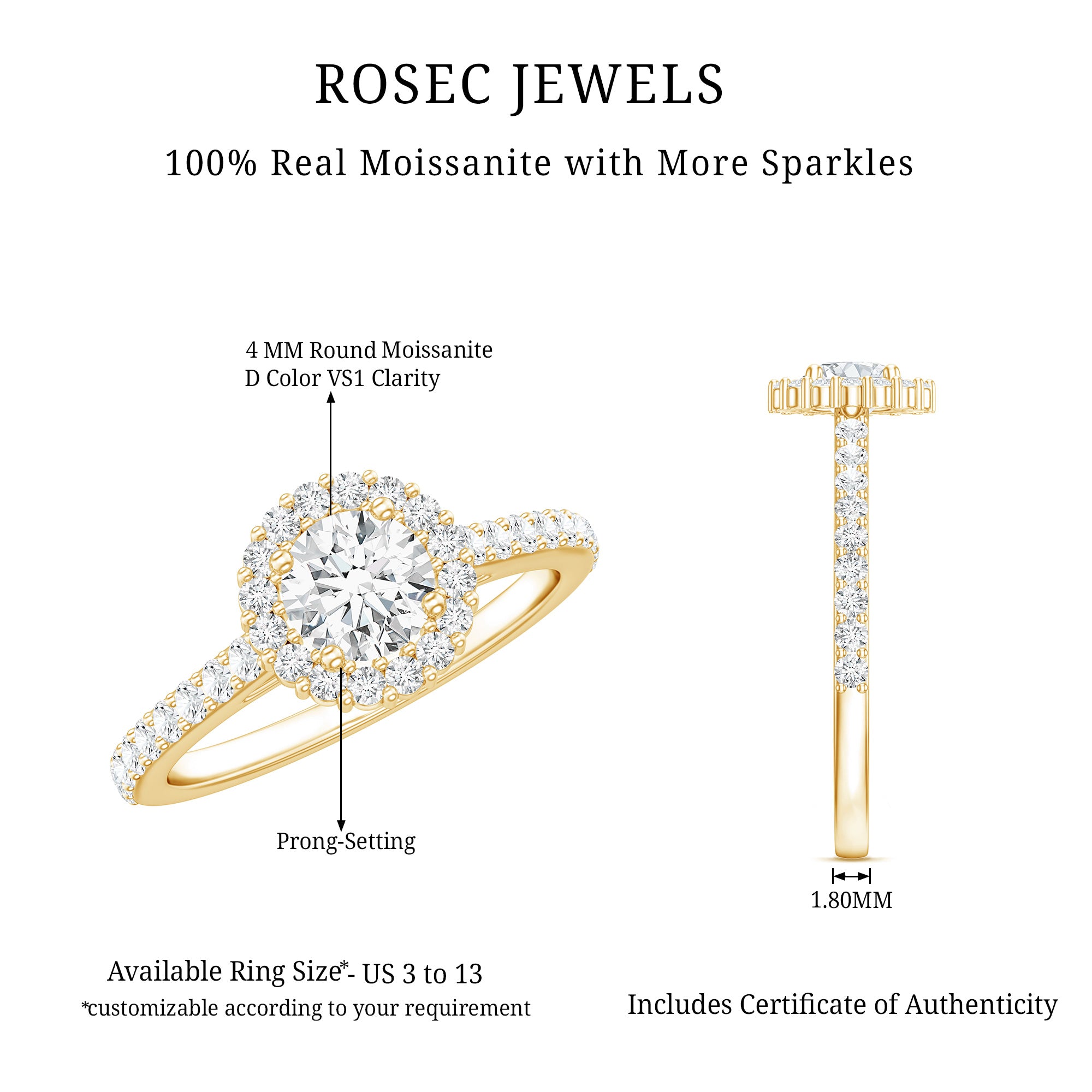 Classic Moissanite Halo Engagement Ring D-VS1 - Rosec Jewels