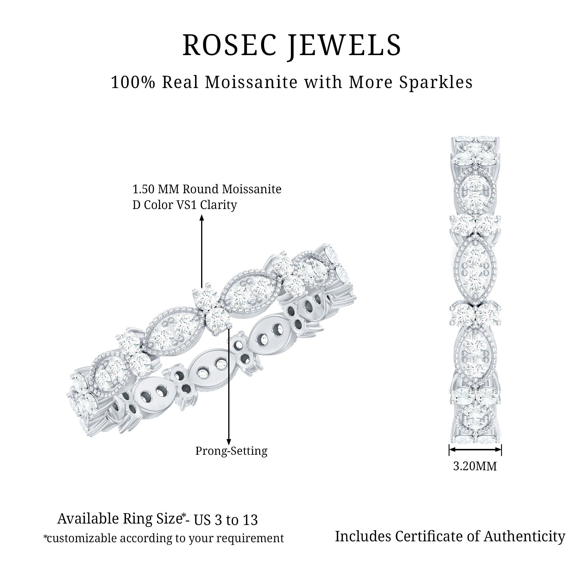 Designer Moissanite Eternity Ring for Women D-VS1 - Rosec Jewels