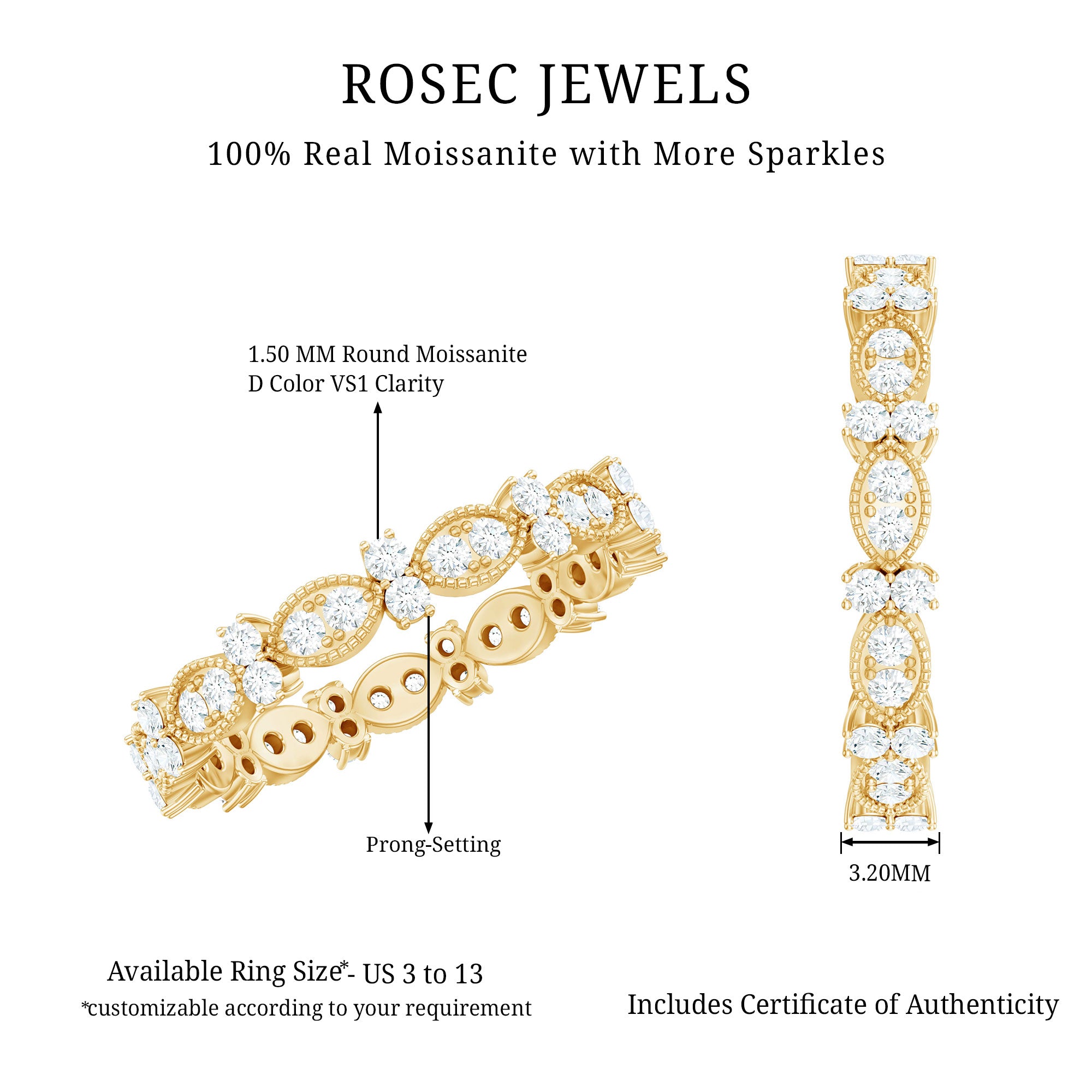 Designer Moissanite Eternity Ring for Women D-VS1 - Rosec Jewels