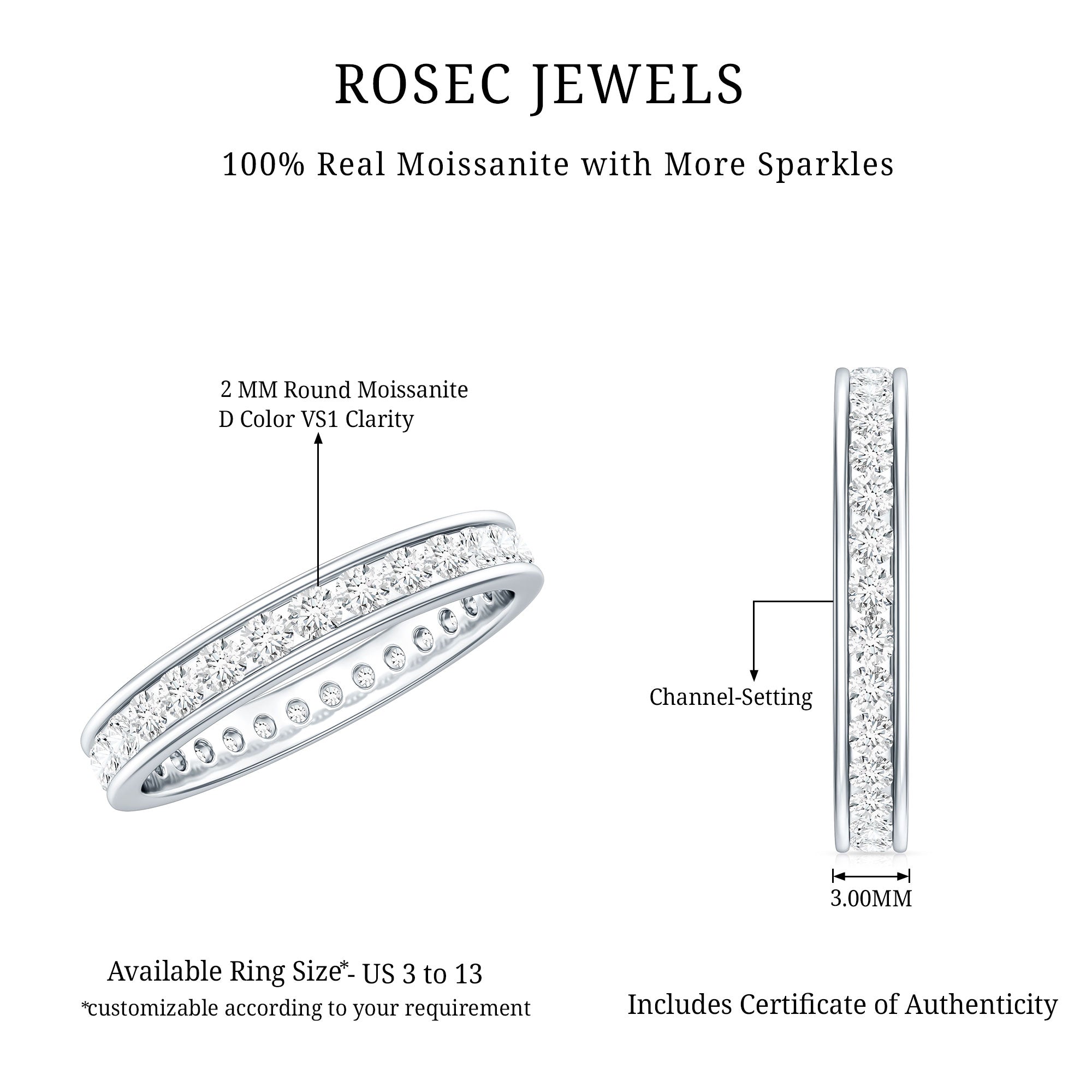 Channel Set Round Moissanite Full Eternity Band Ring D-VS1 - Rosec Jewels