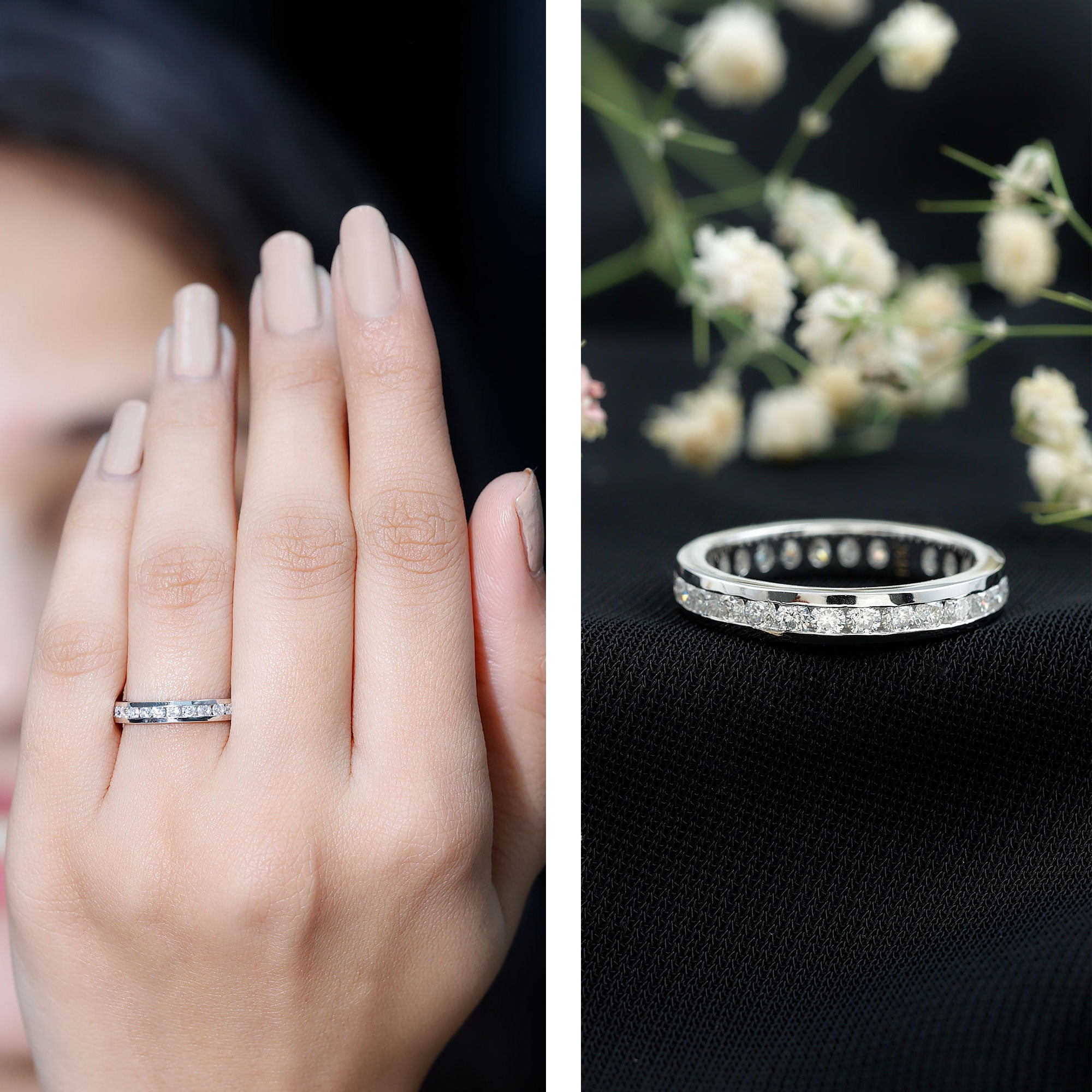 Channel Set Round Moissanite Full Eternity Band Ring D-VS1 - Rosec Jewels