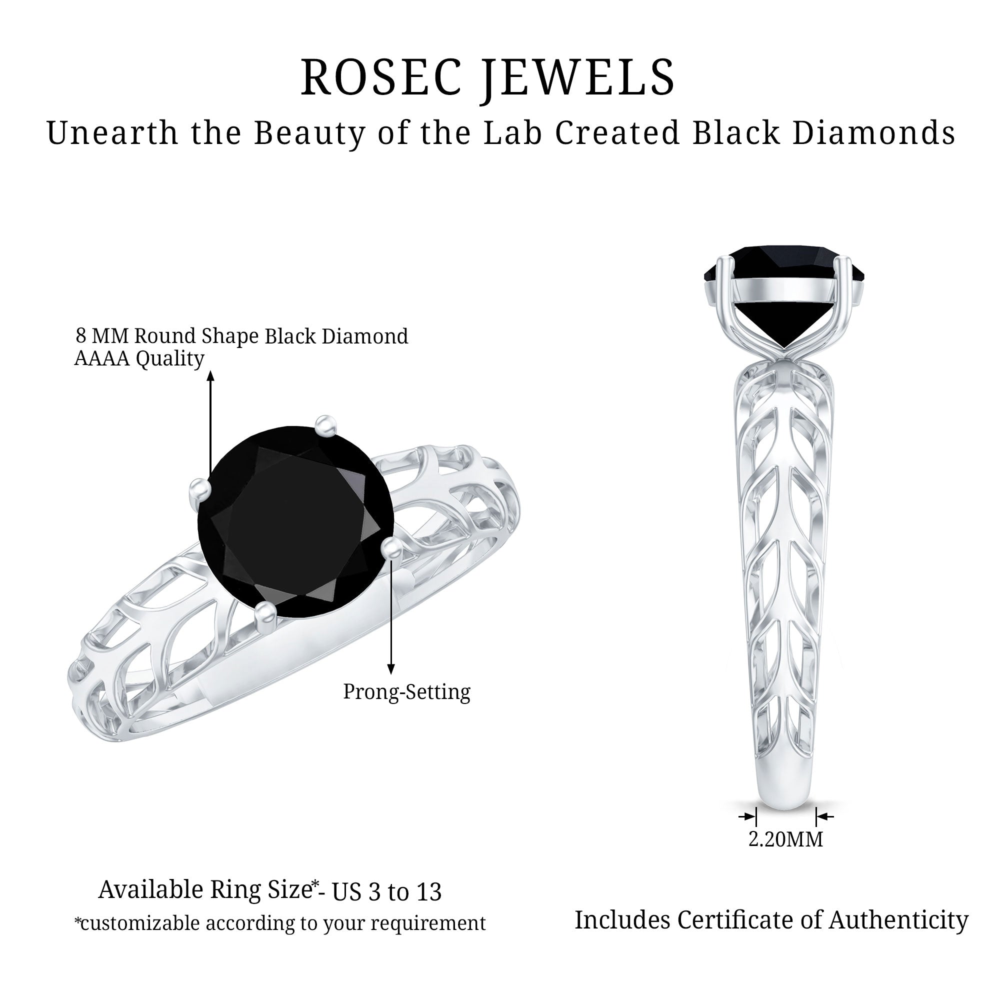 2 Carat Round Lab Grown Black Diamond Solitaire Engagement Ring AAAA ( Synthetic ) - Rosec Jewels