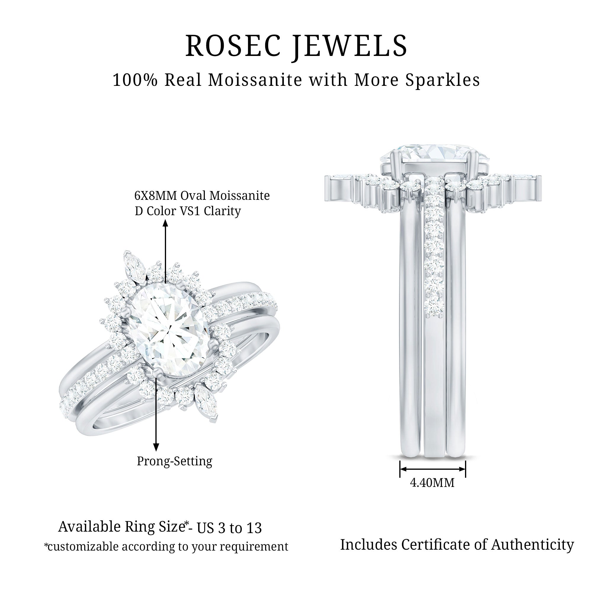 Certified Moissanite Oval Engagement Ring Set With Wedding Bands D-VS1 - Rosec Jewels