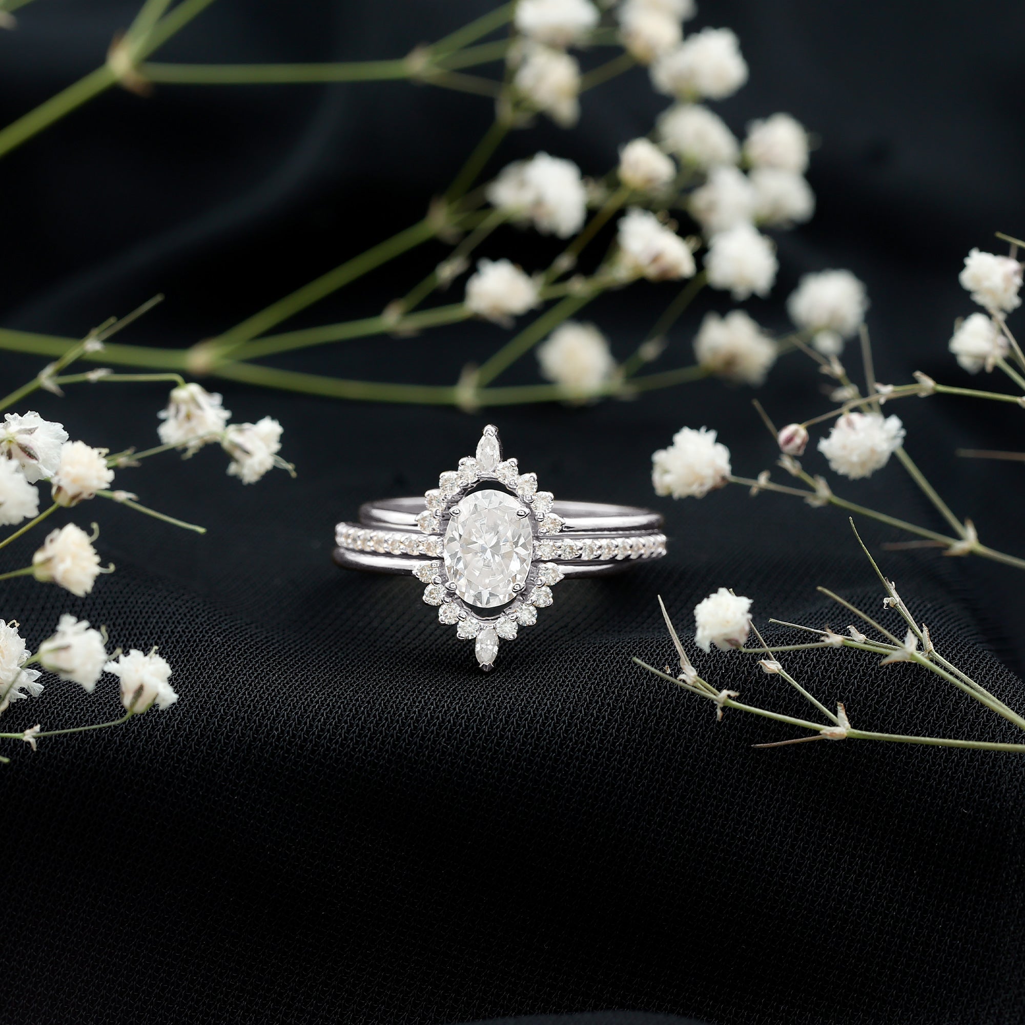 Certified Moissanite Oval Engagement Ring Set With Wedding Bands D-VS1 - Rosec Jewels