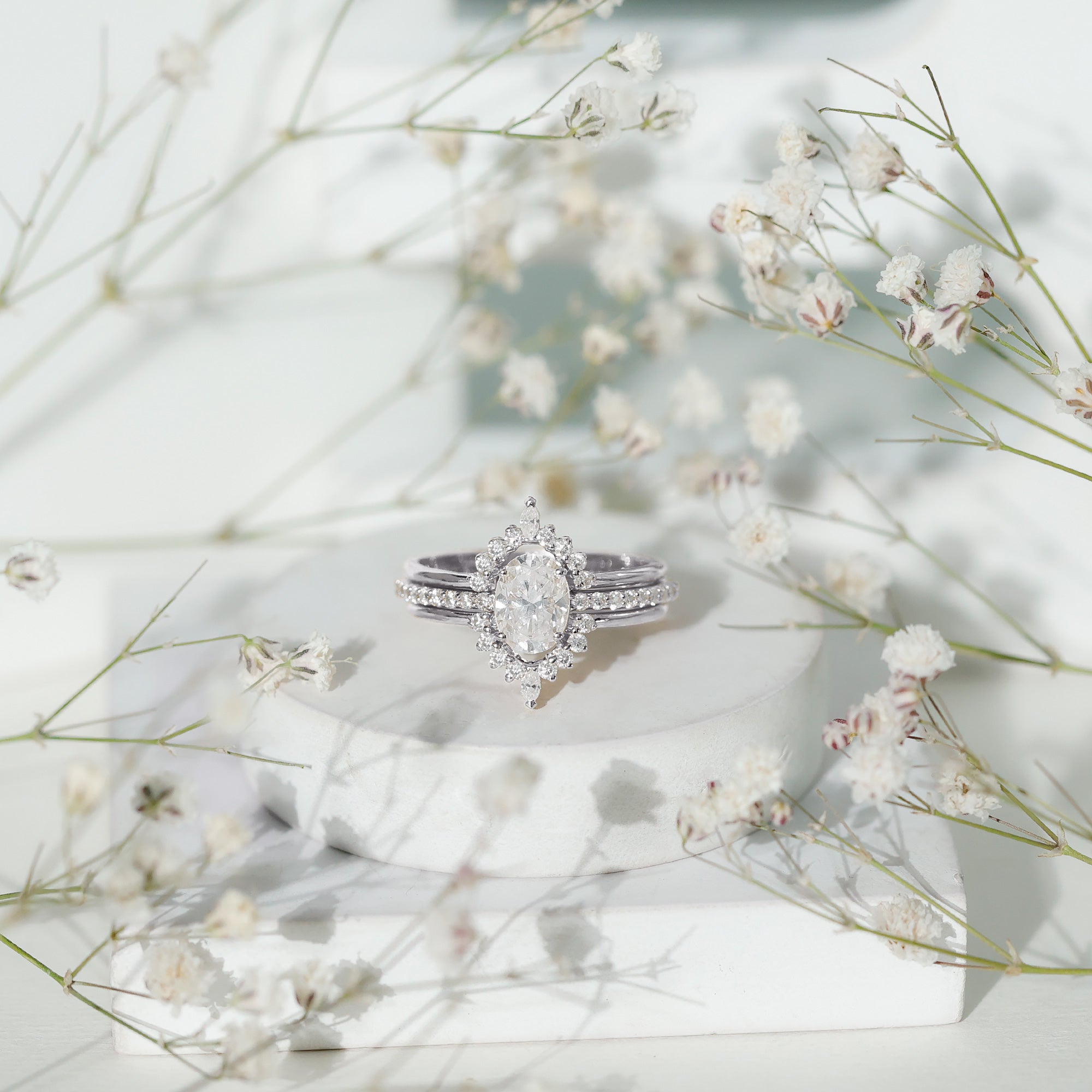 Certified Moissanite Oval Engagement Ring Set With Wedding Bands D-VS1 - Rosec Jewels