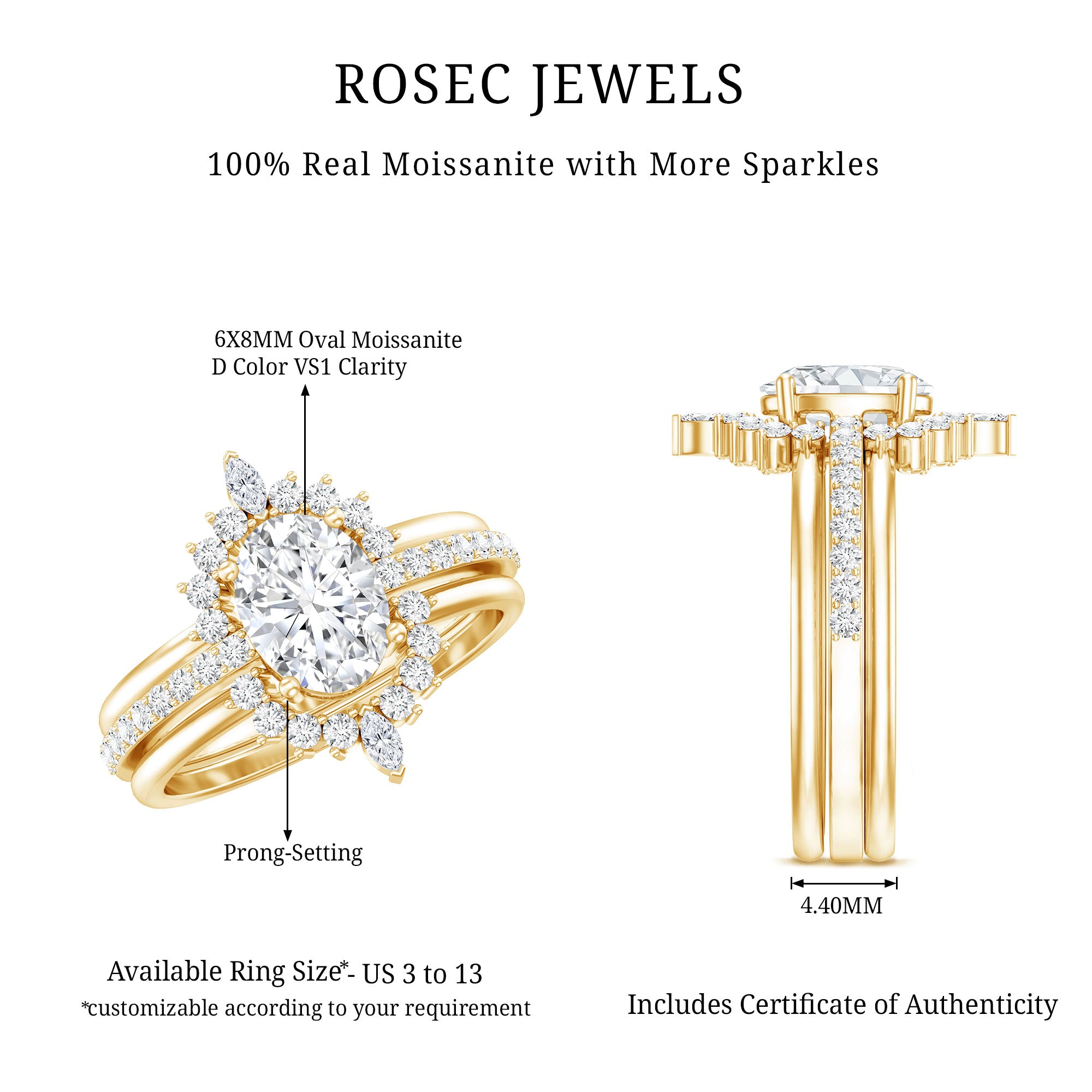 Certified Moissanite Oval Engagement Ring Set With Wedding Bands D-VS1 - Rosec Jewels