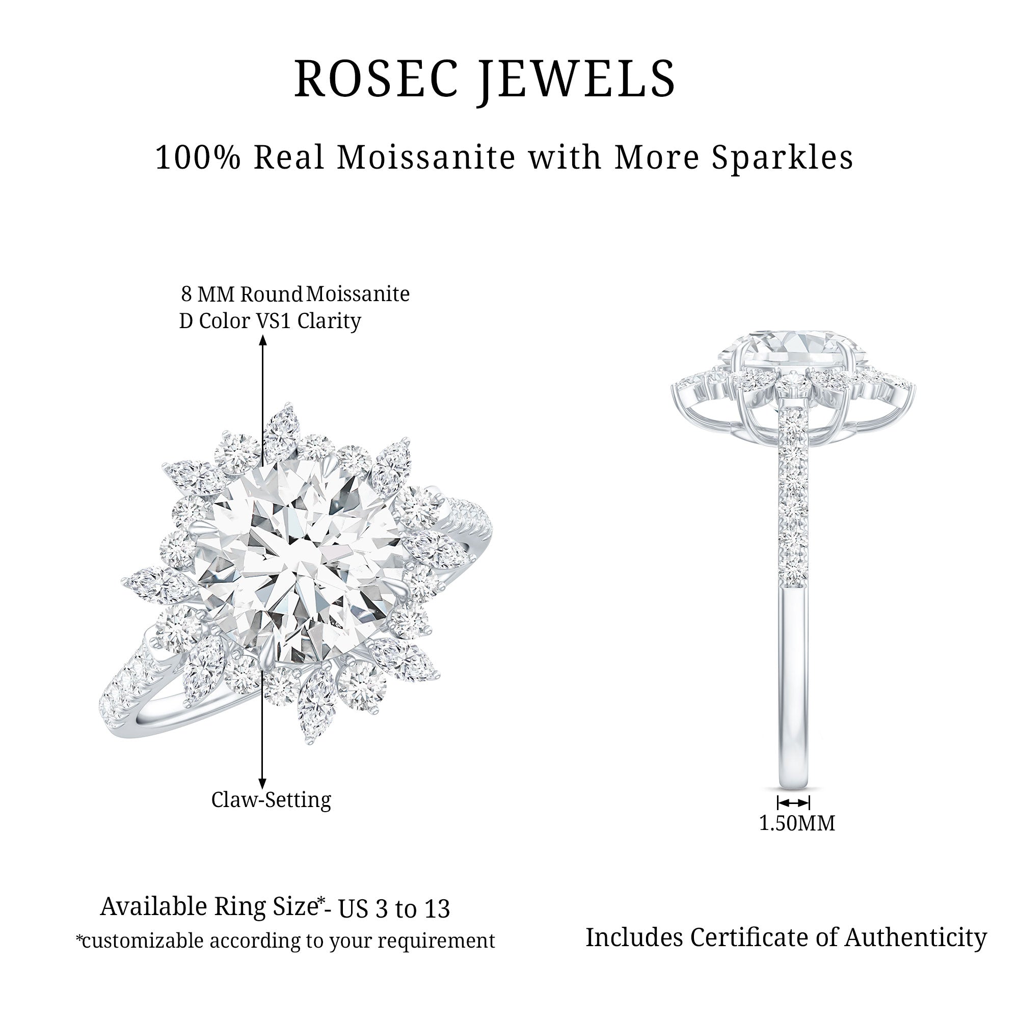 Certified Round Moissanite Halo Engagement Ring for Her D-VS1 - Rosec Jewels