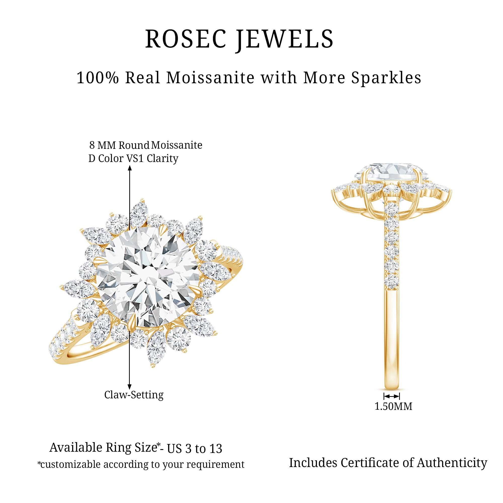 Certified Round Moissanite Halo Engagement Ring for Her D-VS1 - Rosec Jewels