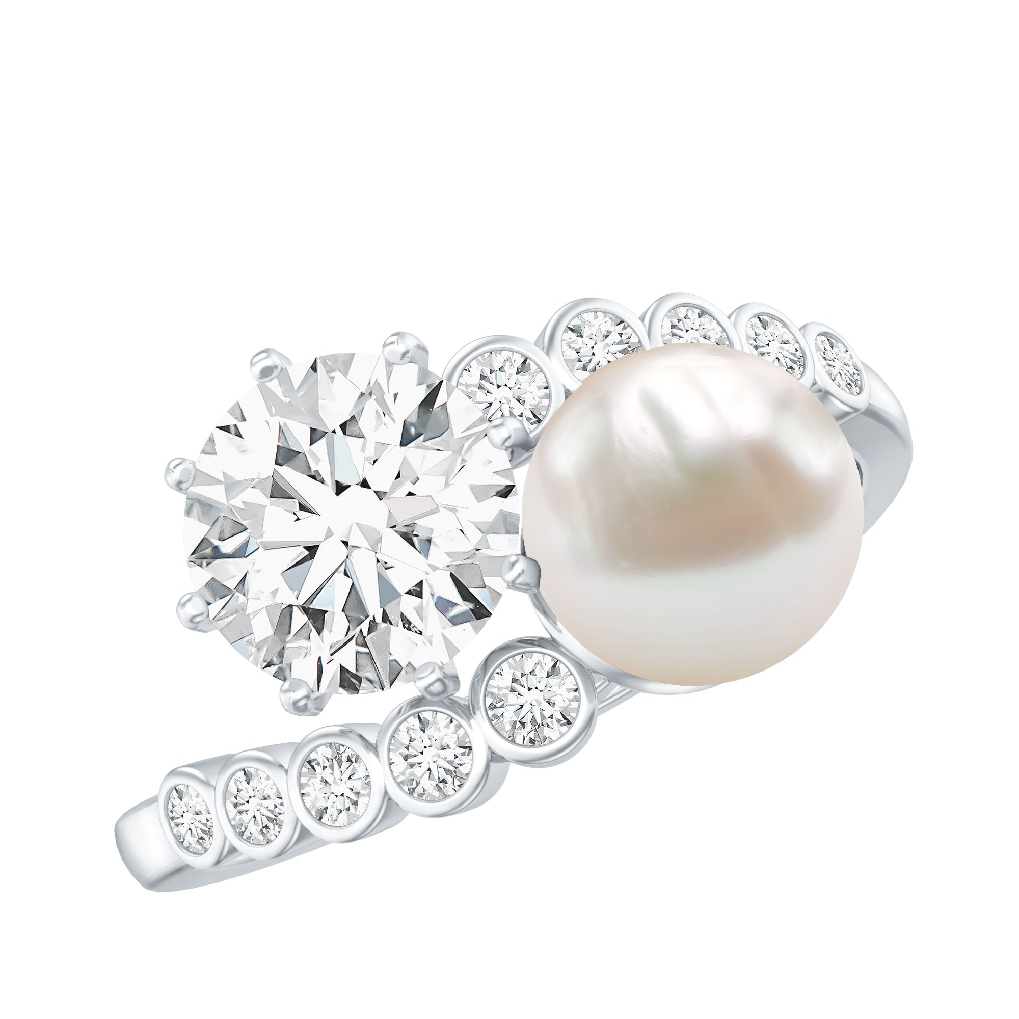 Freshwater Pearl and Moissanite Toi Et Moi Cocktail Ring AAA - Rosec Jewels