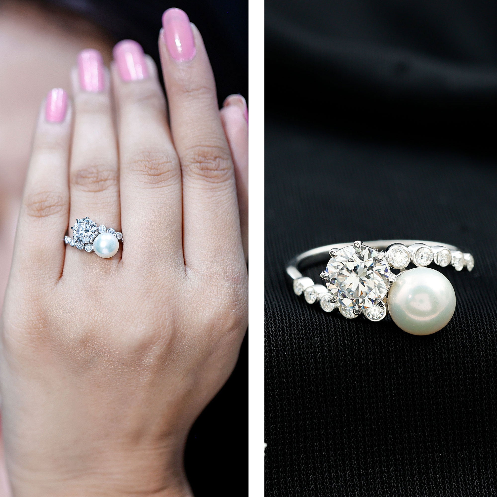 Freshwater Pearl and Moissanite Toi Et Moi Cocktail Ring AAA - Rosec Jewels
