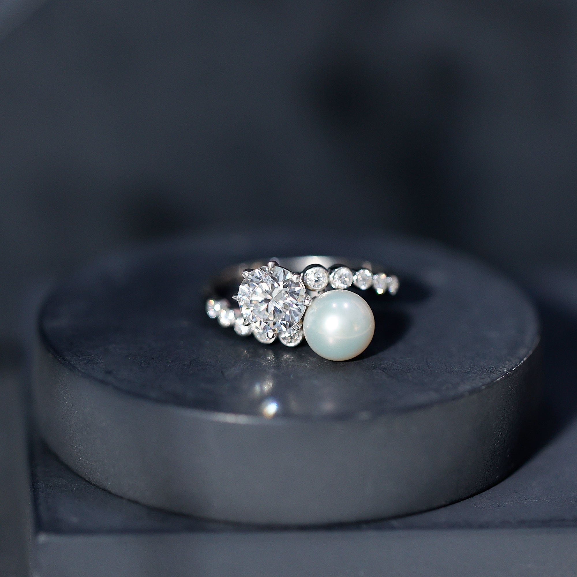 Freshwater Pearl and Moissanite Toi Et Moi Cocktail Ring AAA - Rosec Jewels