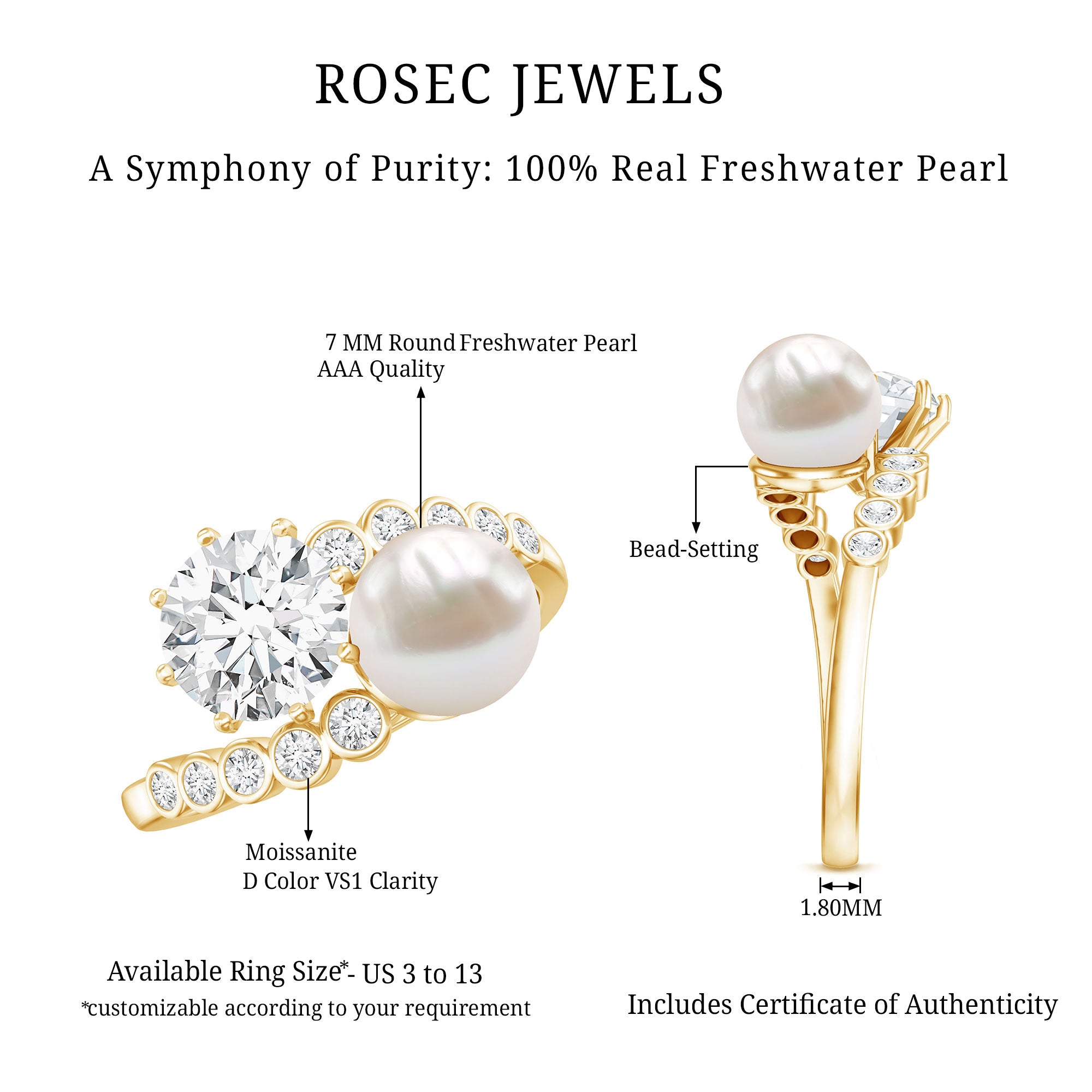 Freshwater Pearl and Moissanite Toi Et Moi Cocktail Ring AAA - Rosec Jewels