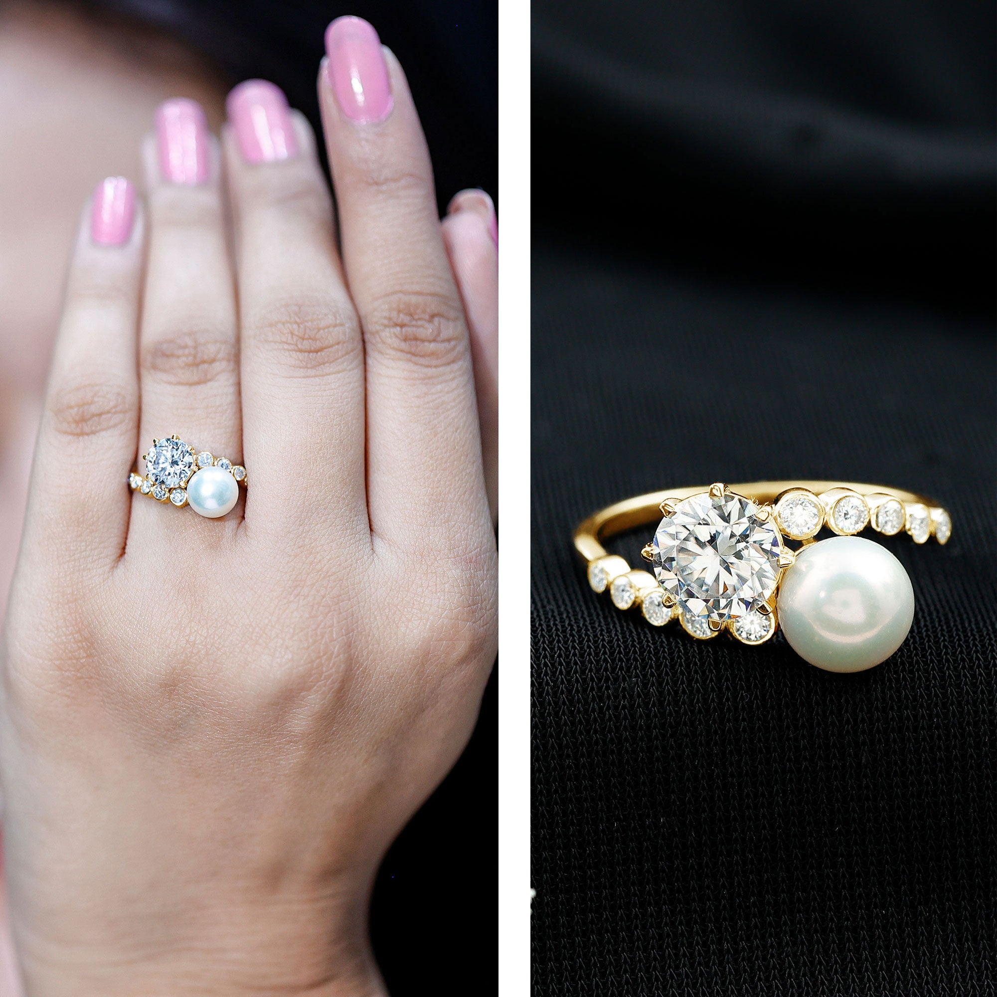 Freshwater Pearl and Moissanite Toi Et Moi Cocktail Ring AAA - Rosec Jewels