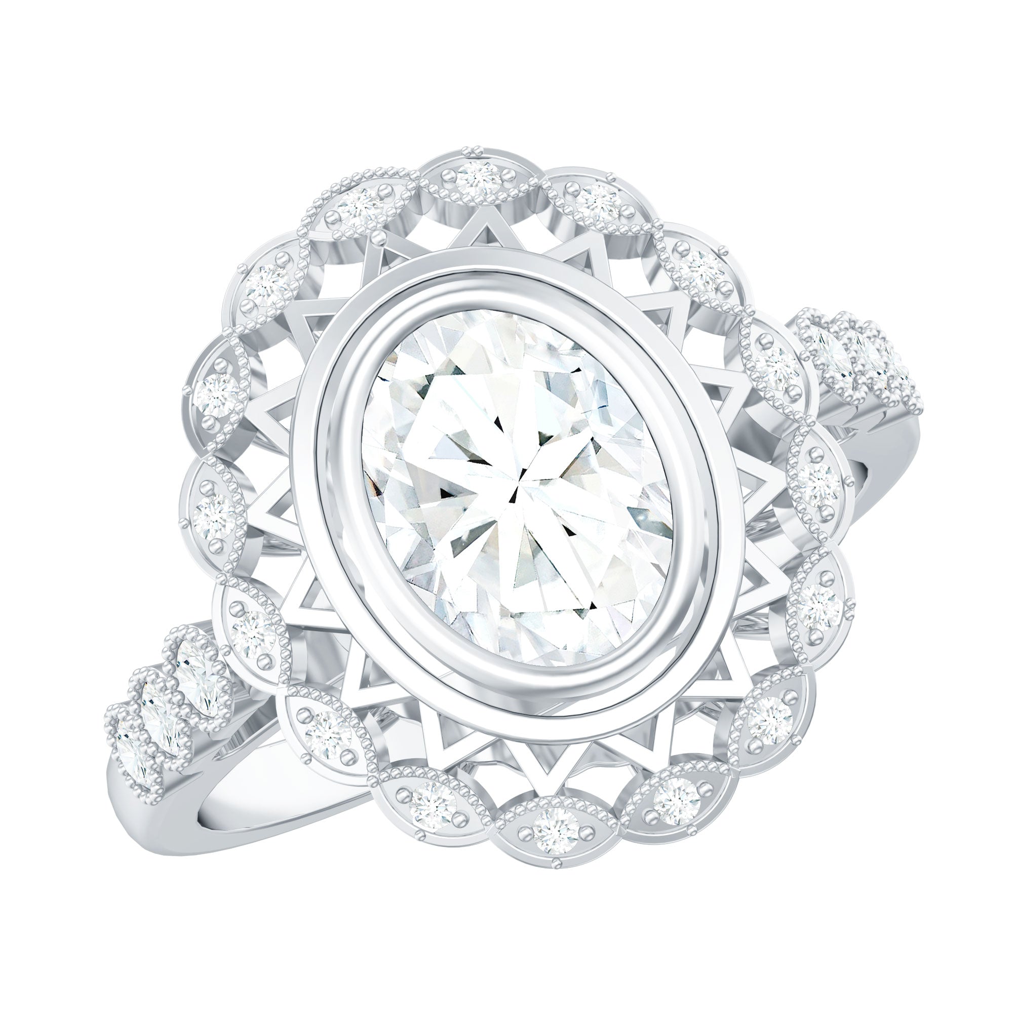 Oval Moissanite Retro Engagement Ring in Beaded Bezel Setting