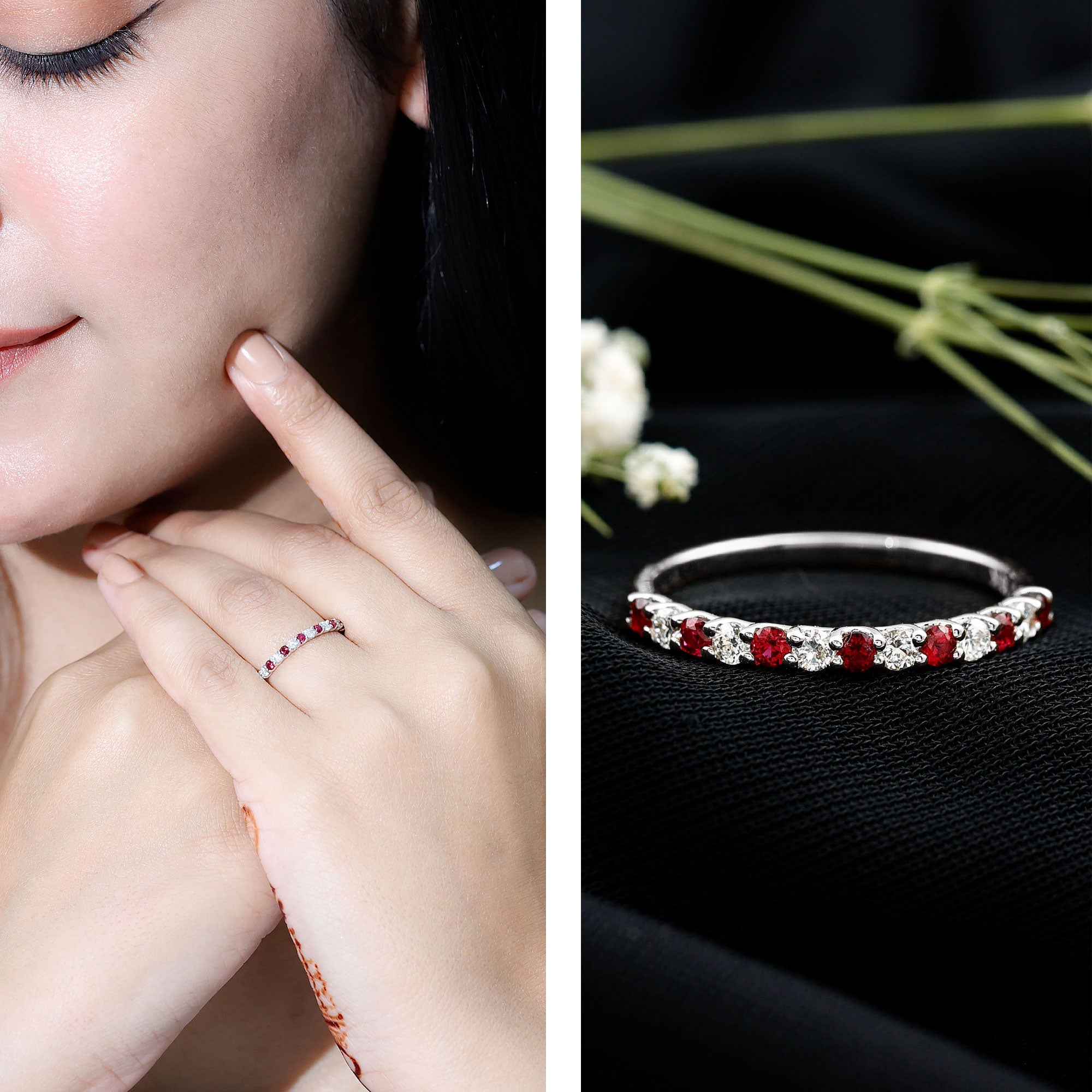Lab Created Ruby and Diamond Stackable Band Ring AAAA - Rosec Jewels