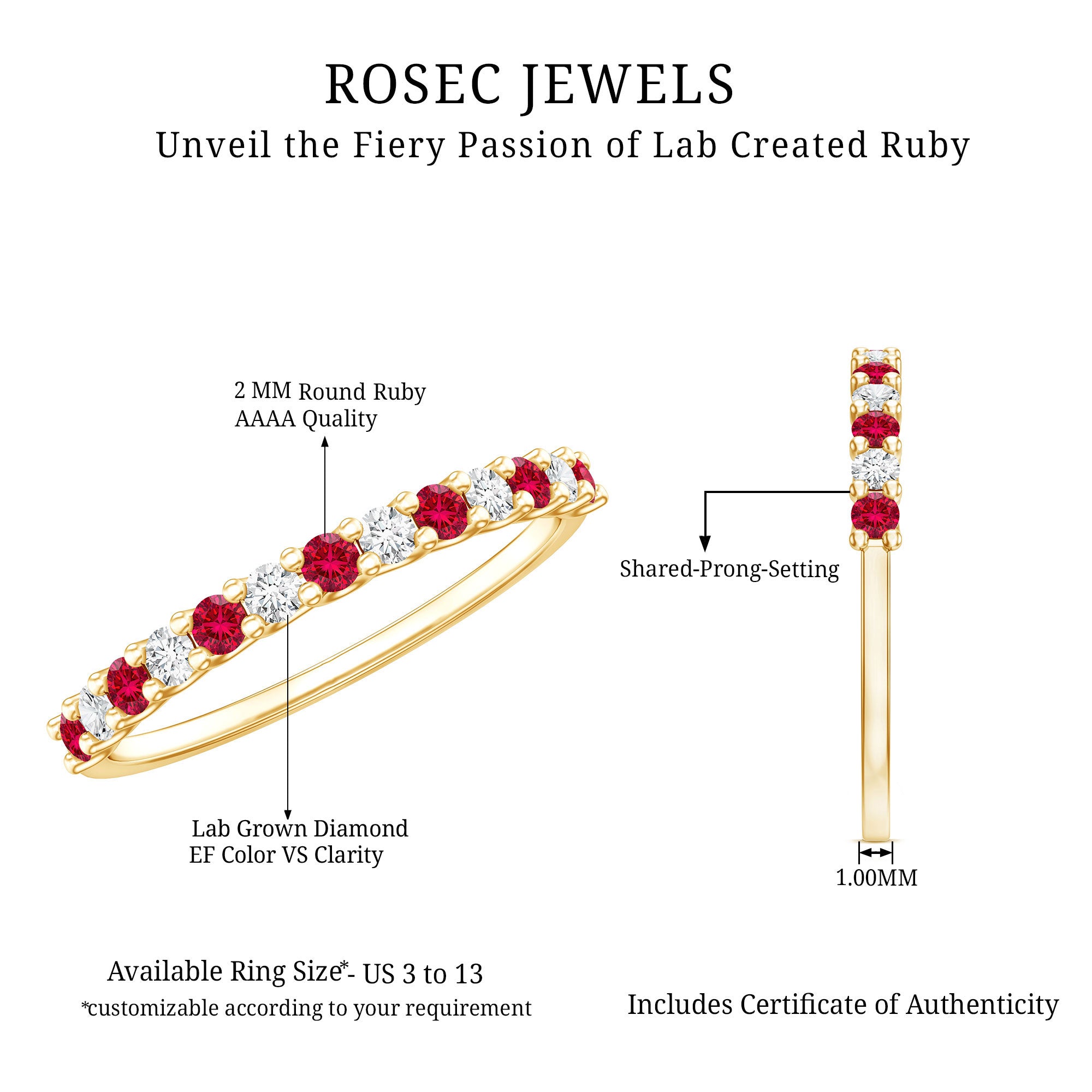 Lab Created Ruby and Diamond Stackable Band Ring AAAA - Rosec Jewels