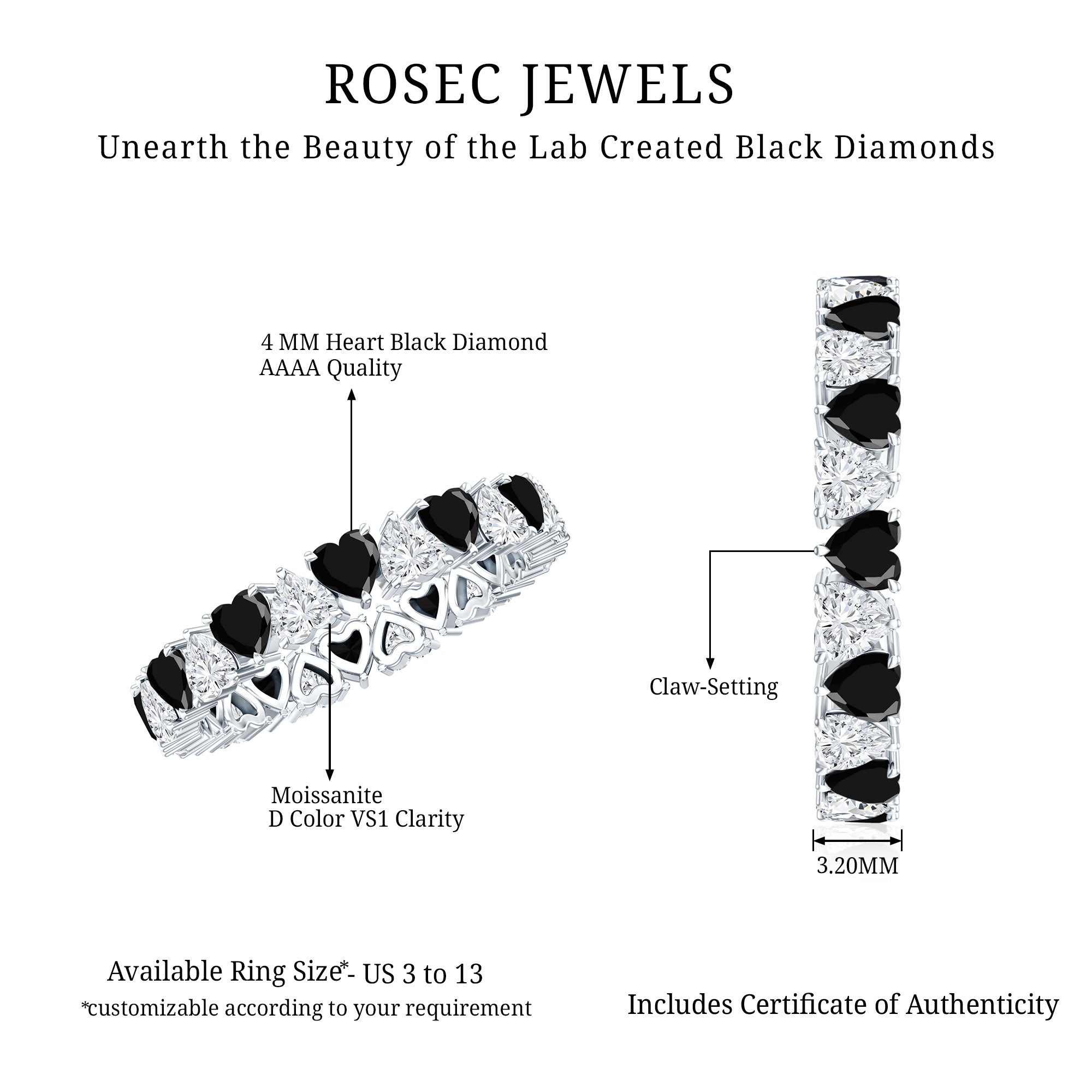 Heart Shape Lab Grown Black Diamond Eternity Band With Moissanite AAAA ( Synthetic ) - Rosec Jewels