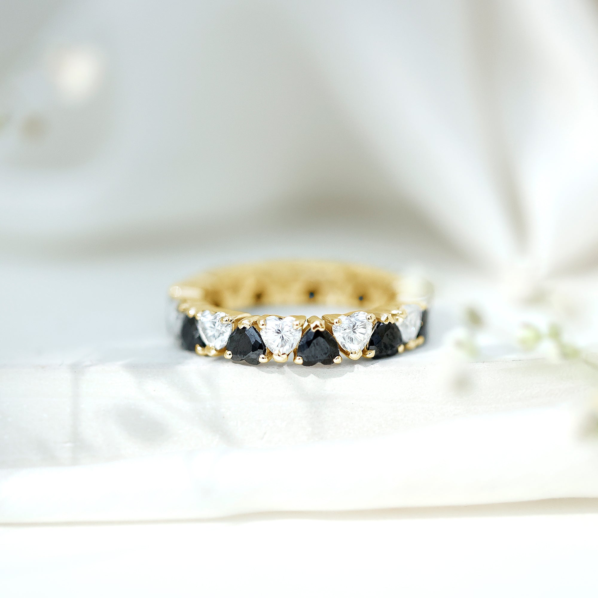 Heart Shape Lab Grown Black Diamond Eternity Band With Moissanite AAAA ( Synthetic ) - Rosec Jewels