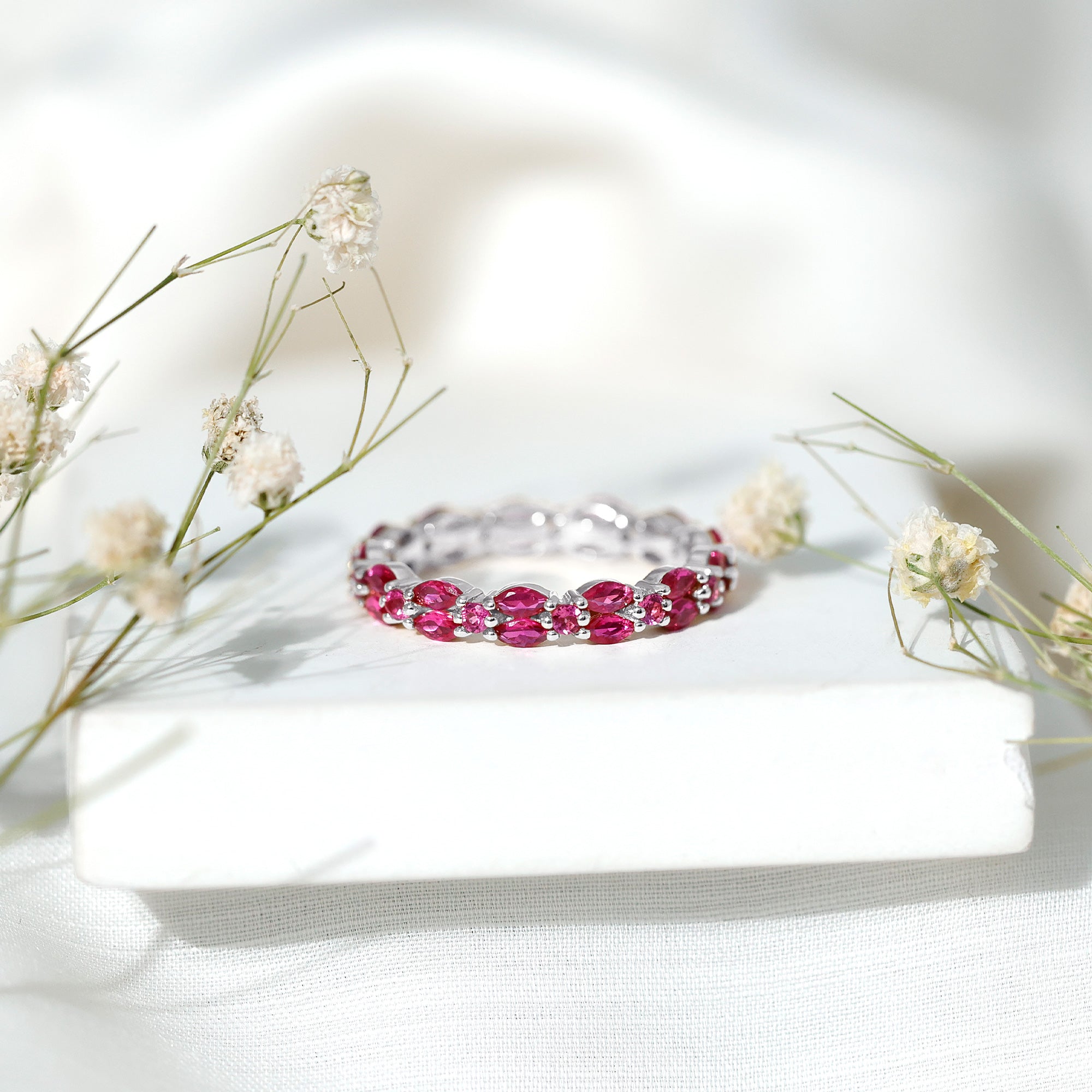 Rosec Jewels-Marquise and Round Cut Created Ruby Contemporary Eternity Ring