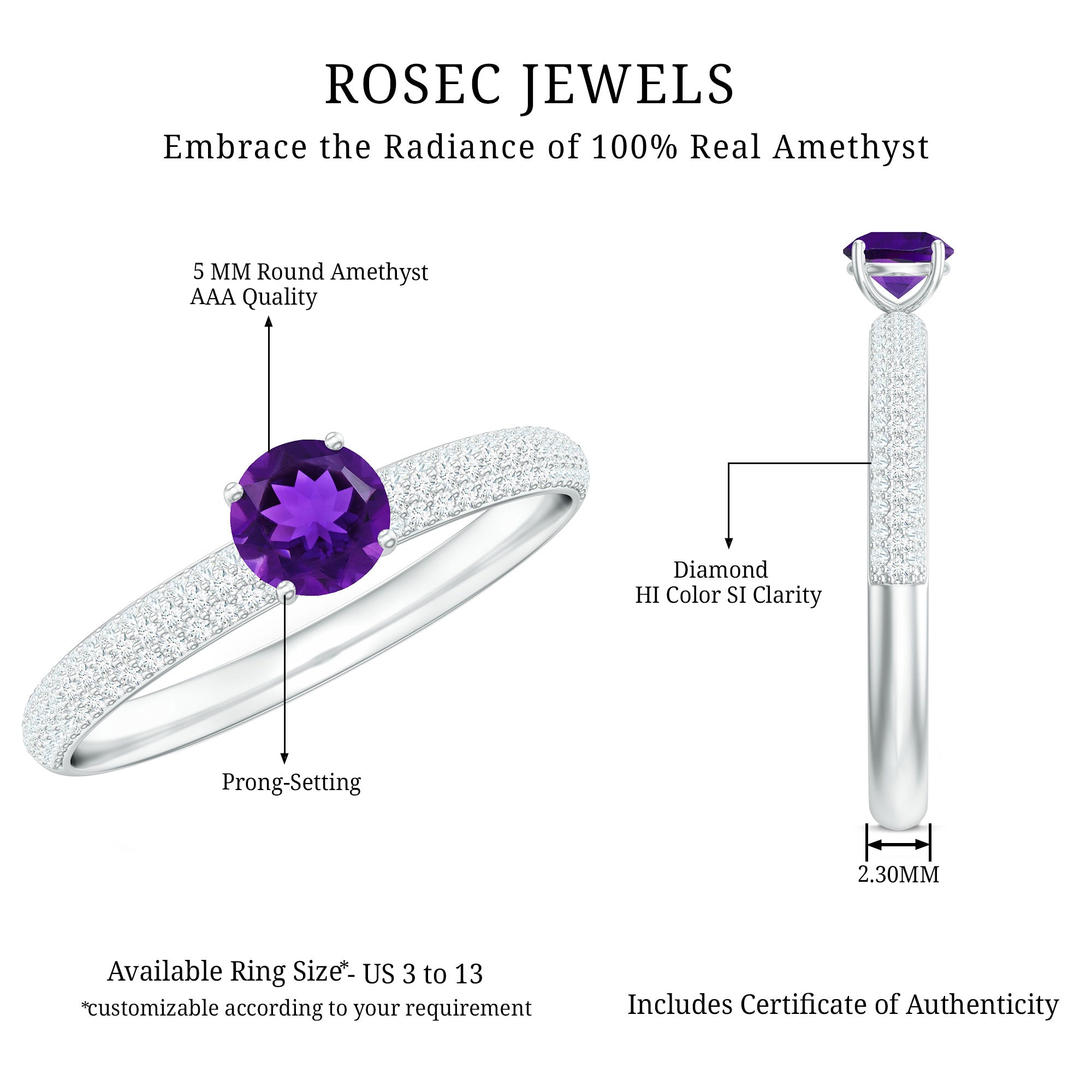 Natural Amethyst Engagement Ring with Diamond for Women AAA - Rosec Jewels