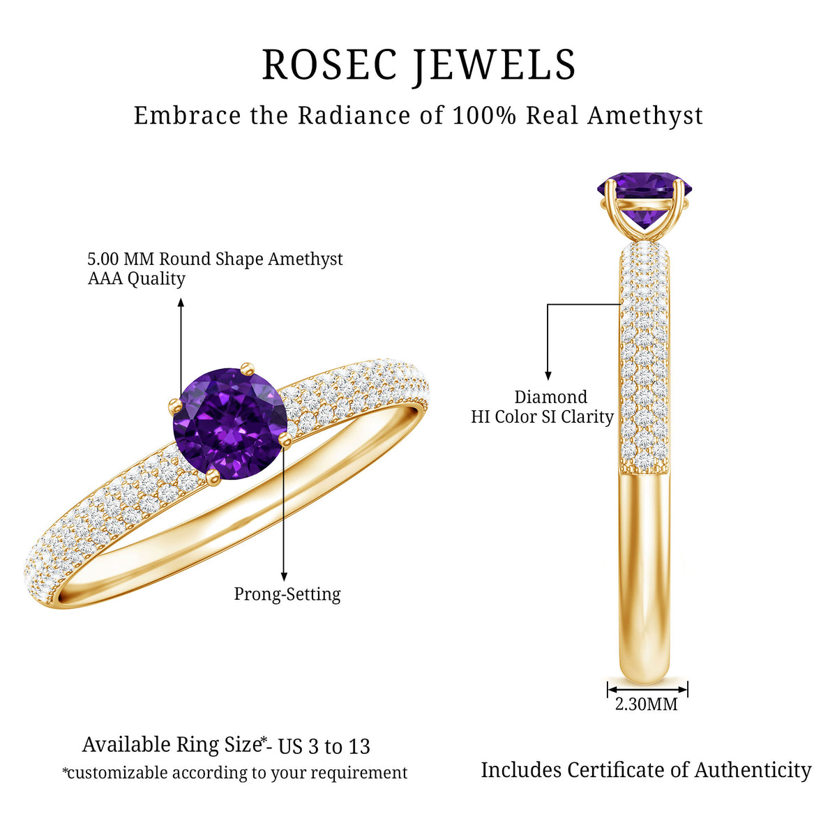 Natural Amethyst Engagement Ring with Diamond for Women AAA - Rosec Jewels