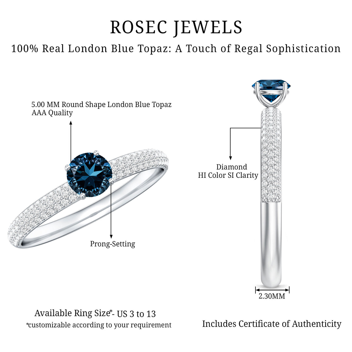 0.6 Carat London Blue Topaz Solitaire Promise Ring with Diamond AAA - Rosec Jewels