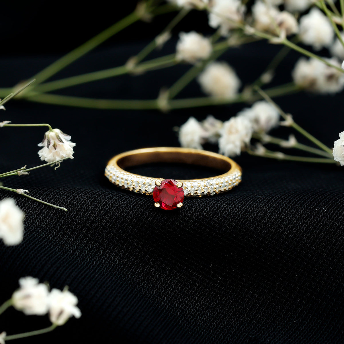 Lab Created Ruby Solitaire Ring with Moissanite Side Stones AAAA - Rosec Jewels