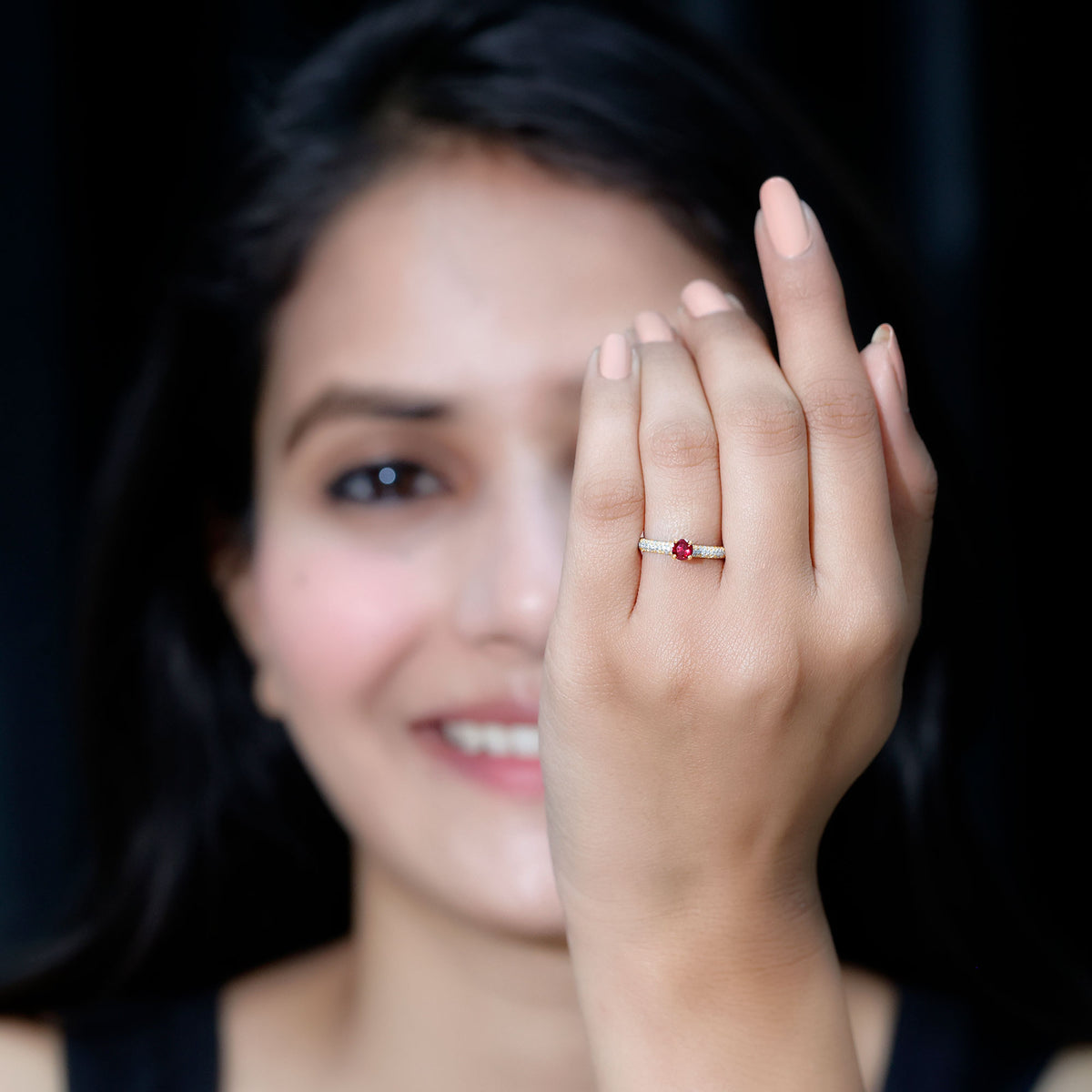 Lab Created Ruby Solitaire Ring with Moissanite Side Stones AAAA - Rosec Jewels
