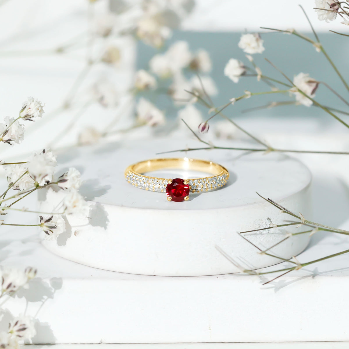 Lab Created Ruby Solitaire Ring with Moissanite Side Stones AAAA - Rosec Jewels