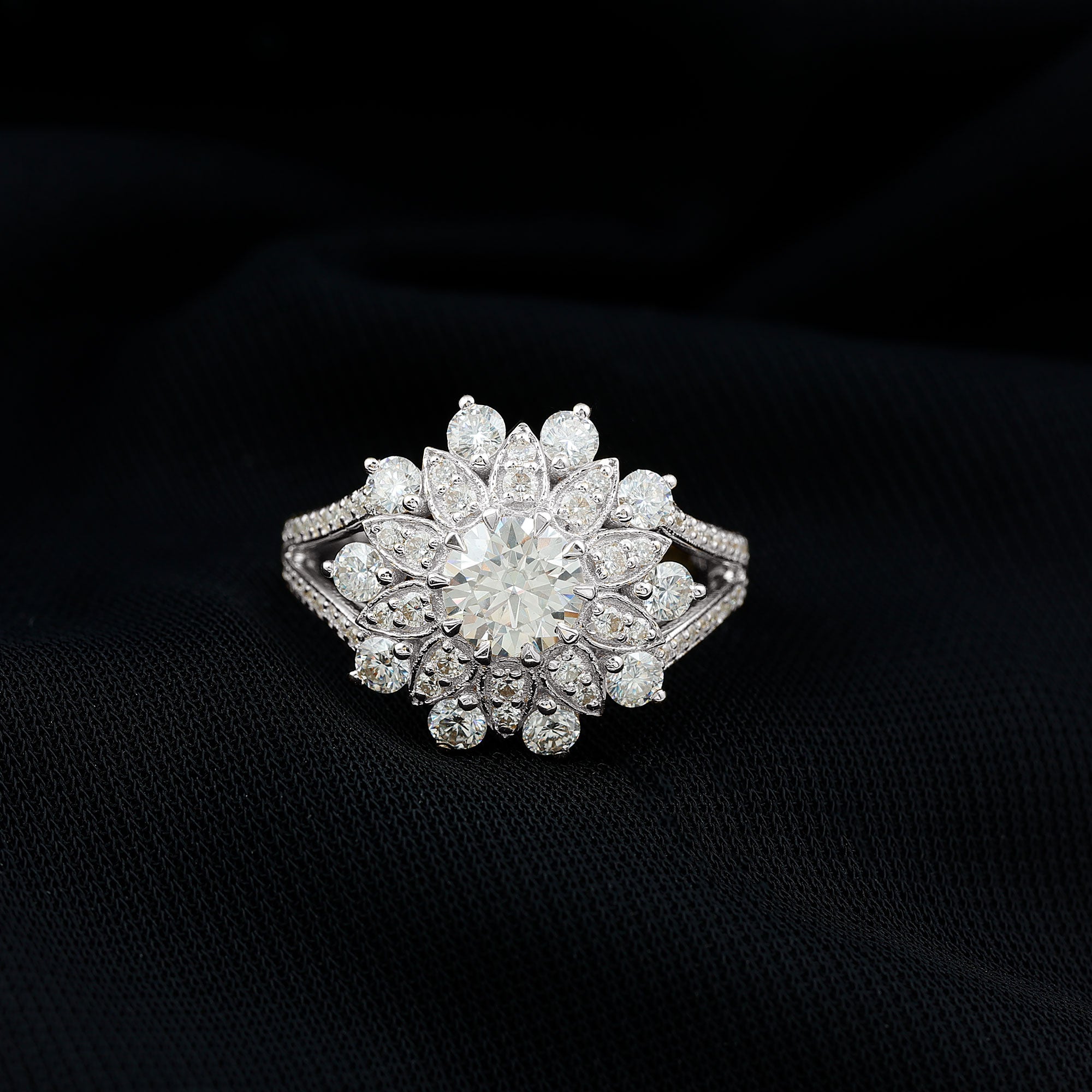 Certified Moissanite Statement Flower Engagement Ring D-VS1 - Rosec Jewels