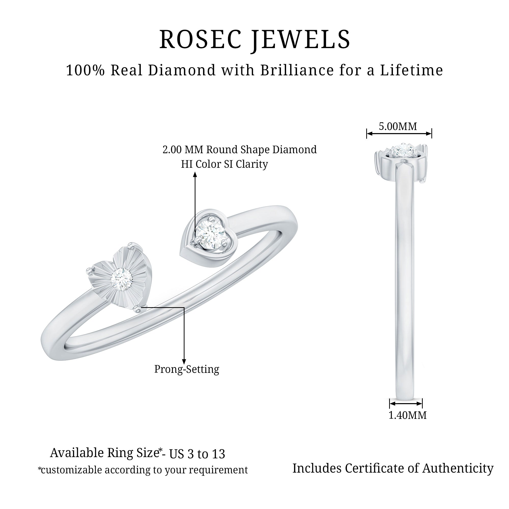 Certified Real Diamond Heart Promise Ring in Cuff Style Natural - ( HI-SI ) - Rosec Jewels