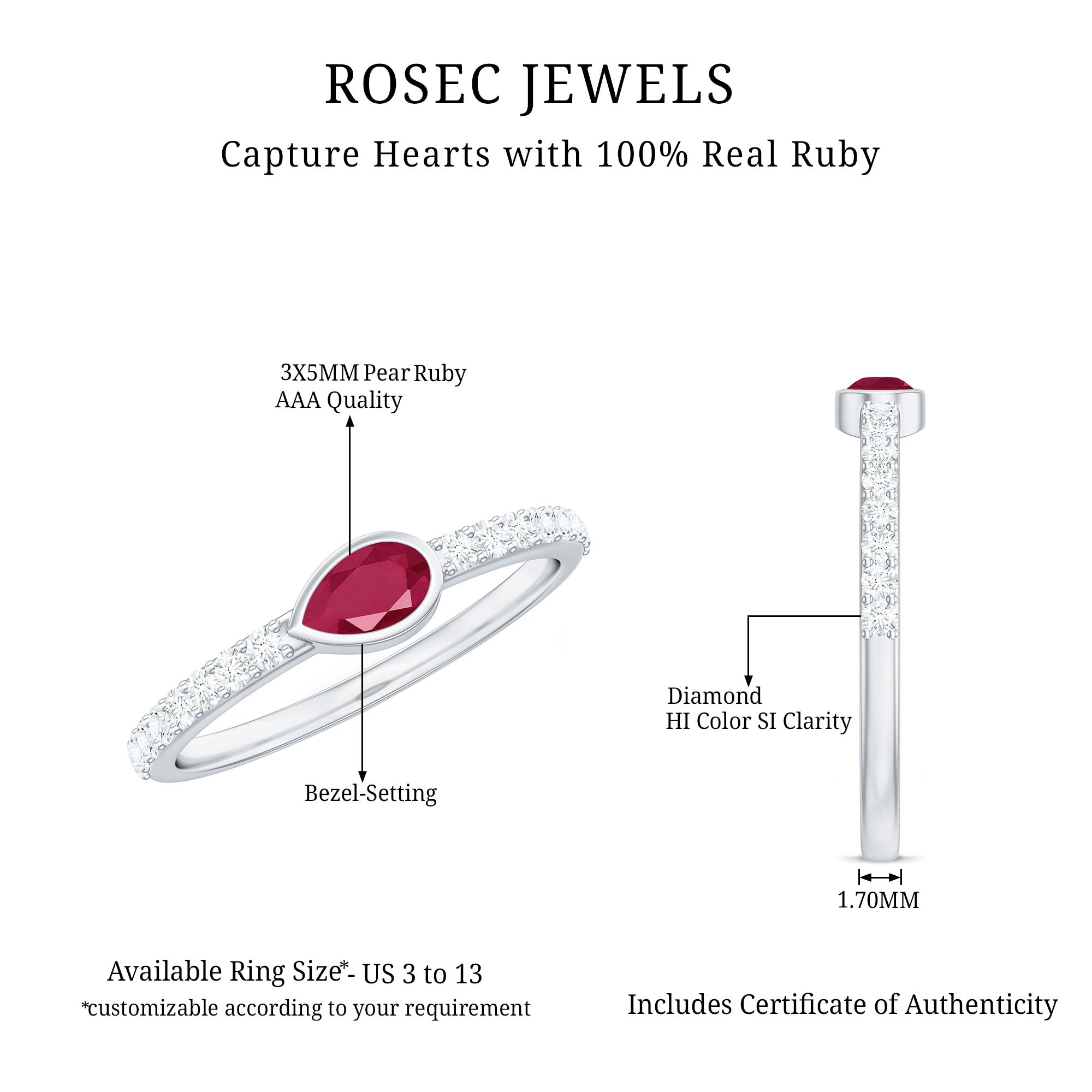 Rosec Jewels-East West Style Pear Shape Ruby Promise Ring with Diamond