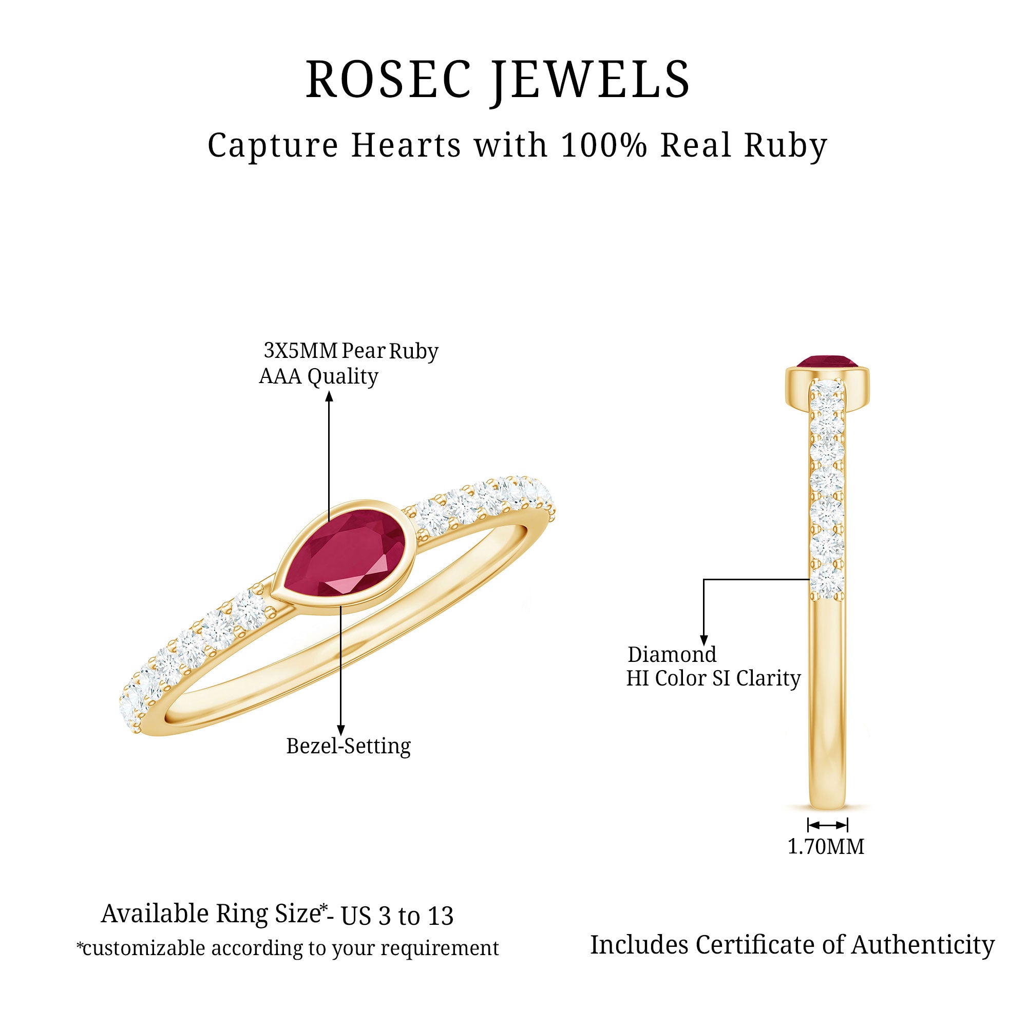 Rosec Jewels-East West Style Pear Shape Ruby Promise Ring with Diamond