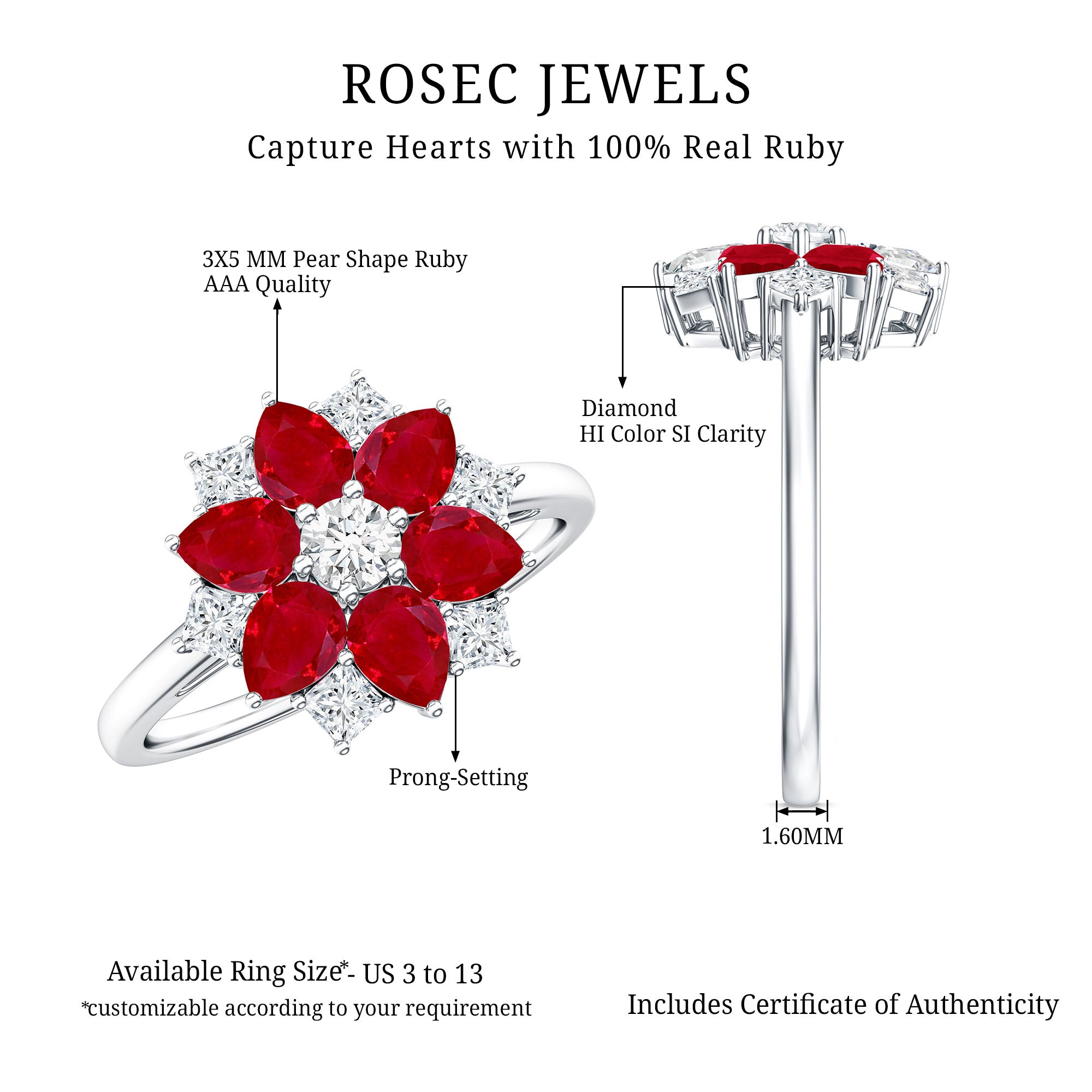 Natural 1.8 Carat Ruby Diamond Flower Engagement Ring for Women AAA - Rosec Jewels