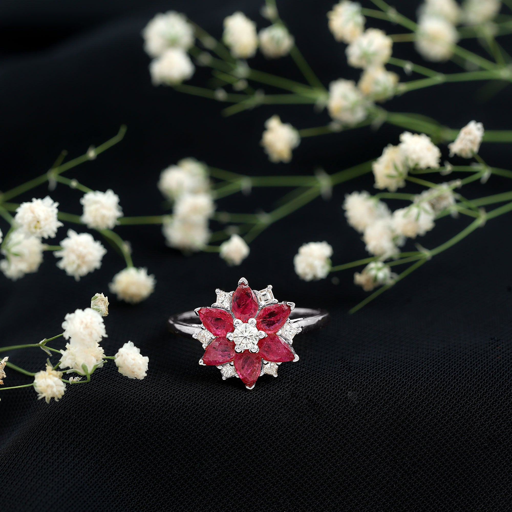 Natural 1.8 Carat Ruby Diamond Flower Engagement Ring for Women AAA - Rosec Jewels