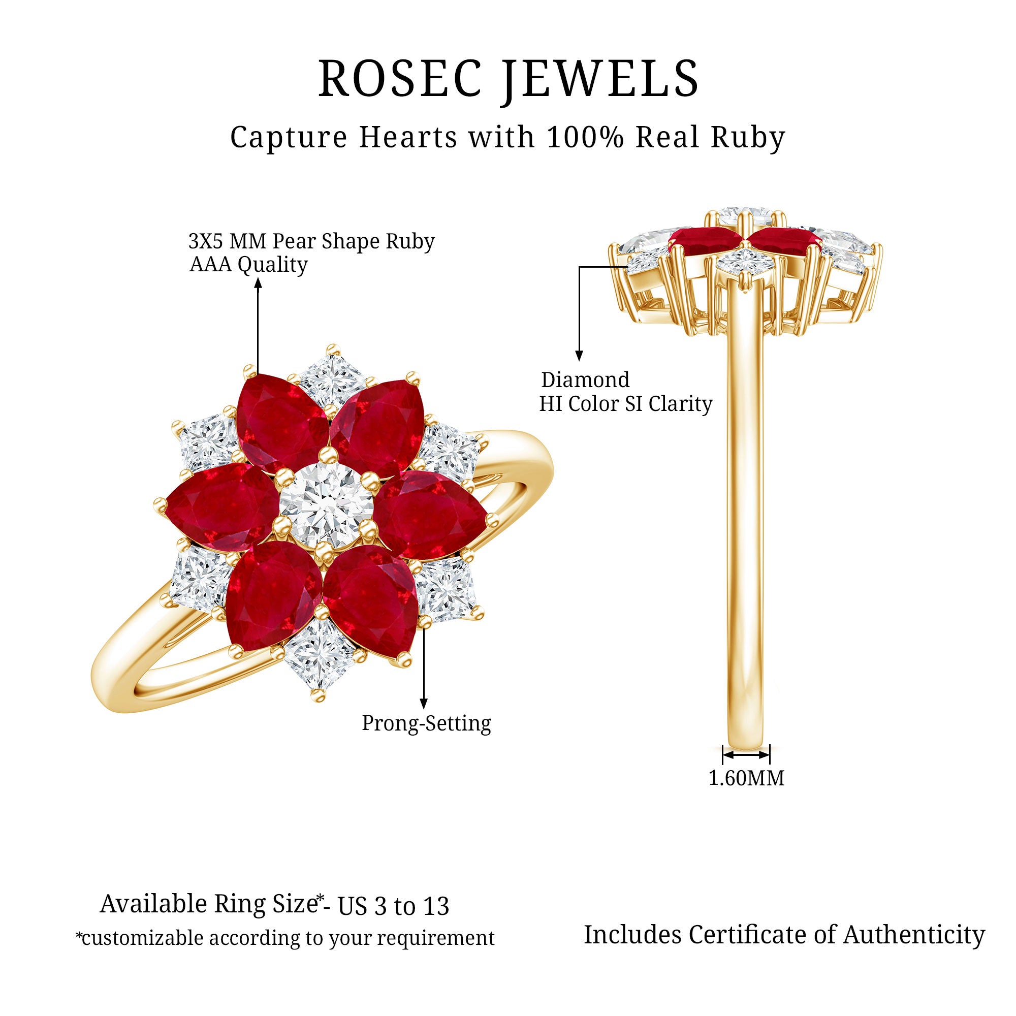 Natural 1.8 Carat Ruby Diamond Flower Engagement Ring for Women AAA - Rosec Jewels