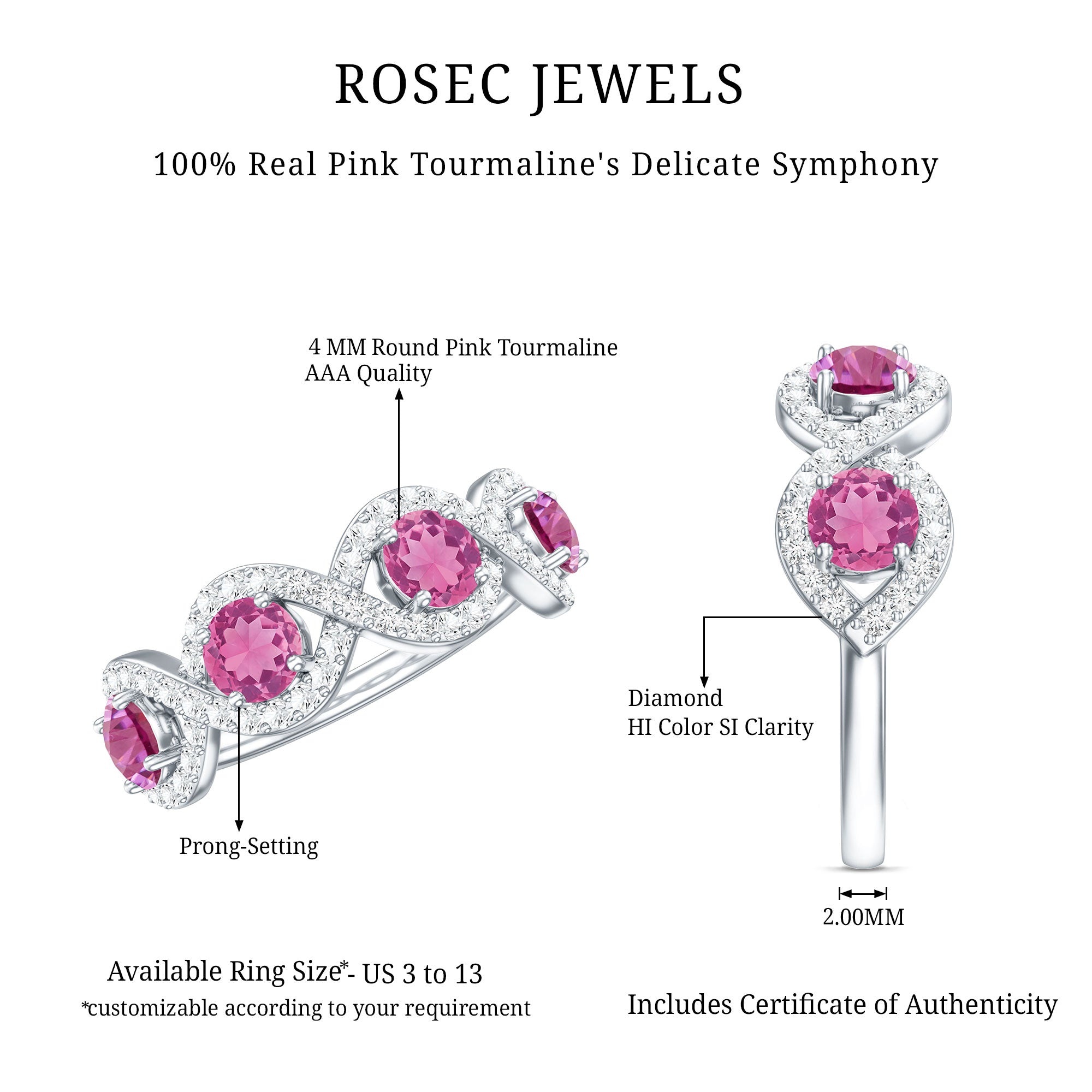 Rosec Jewels-Pink Tourmaline Infinity Half Eternity Band Ring with Diamond