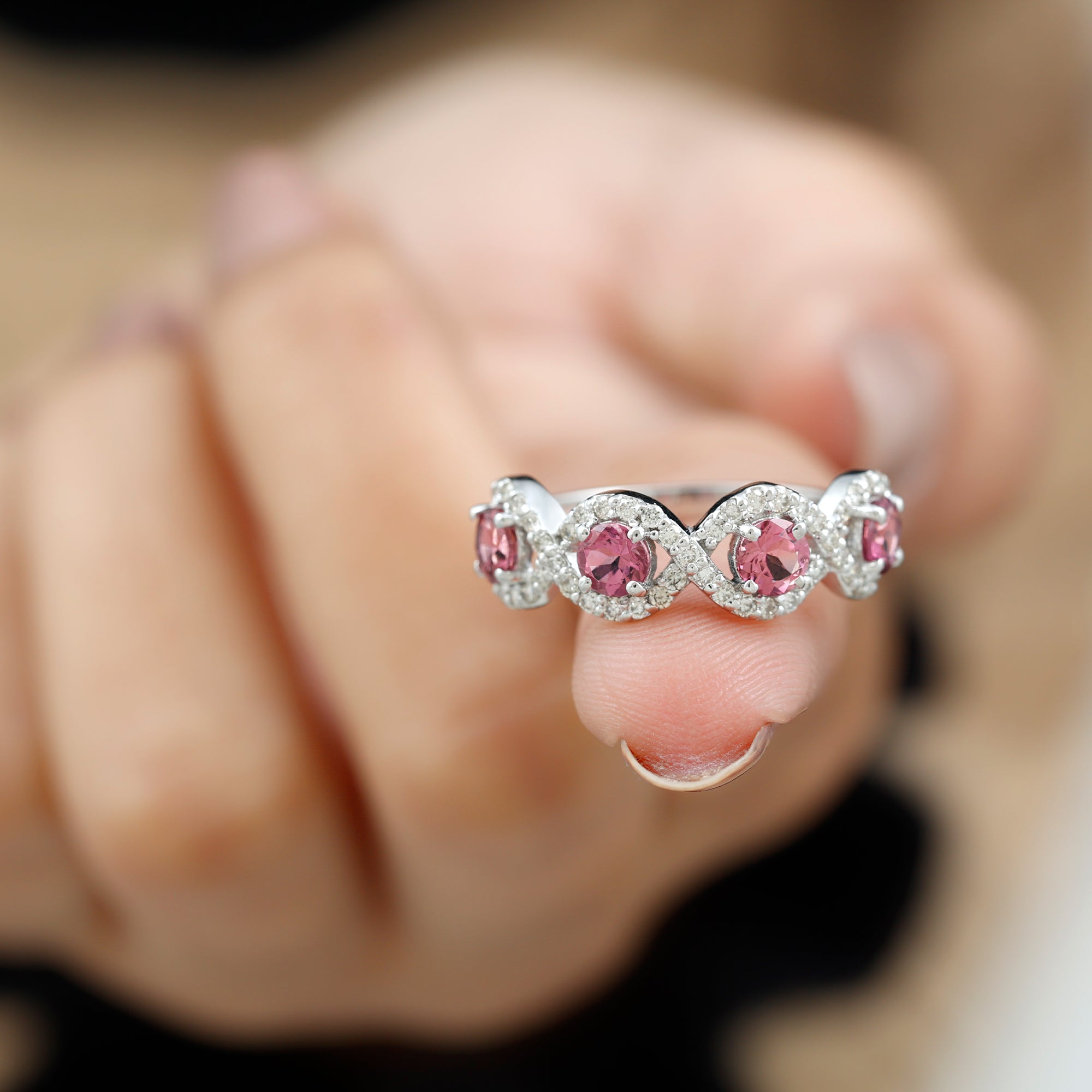 Pink Tourmaline Infinity Half Eternity Band Ring with Diamond Pink Tourmaline - ( AAA ) - Quality - Rosec Jewels