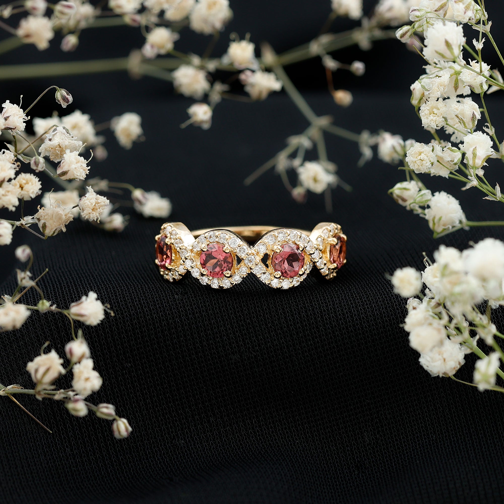 Rosec Jewels-Pink Tourmaline Infinity Half Eternity Band Ring with Diamond