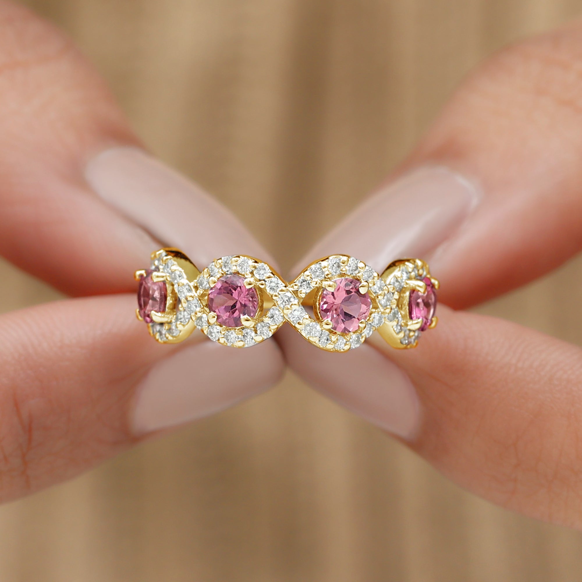 Pink Tourmaline Infinity Half Eternity Band Ring with Diamond Pink Tourmaline - ( AAA ) - Quality - Rosec Jewels