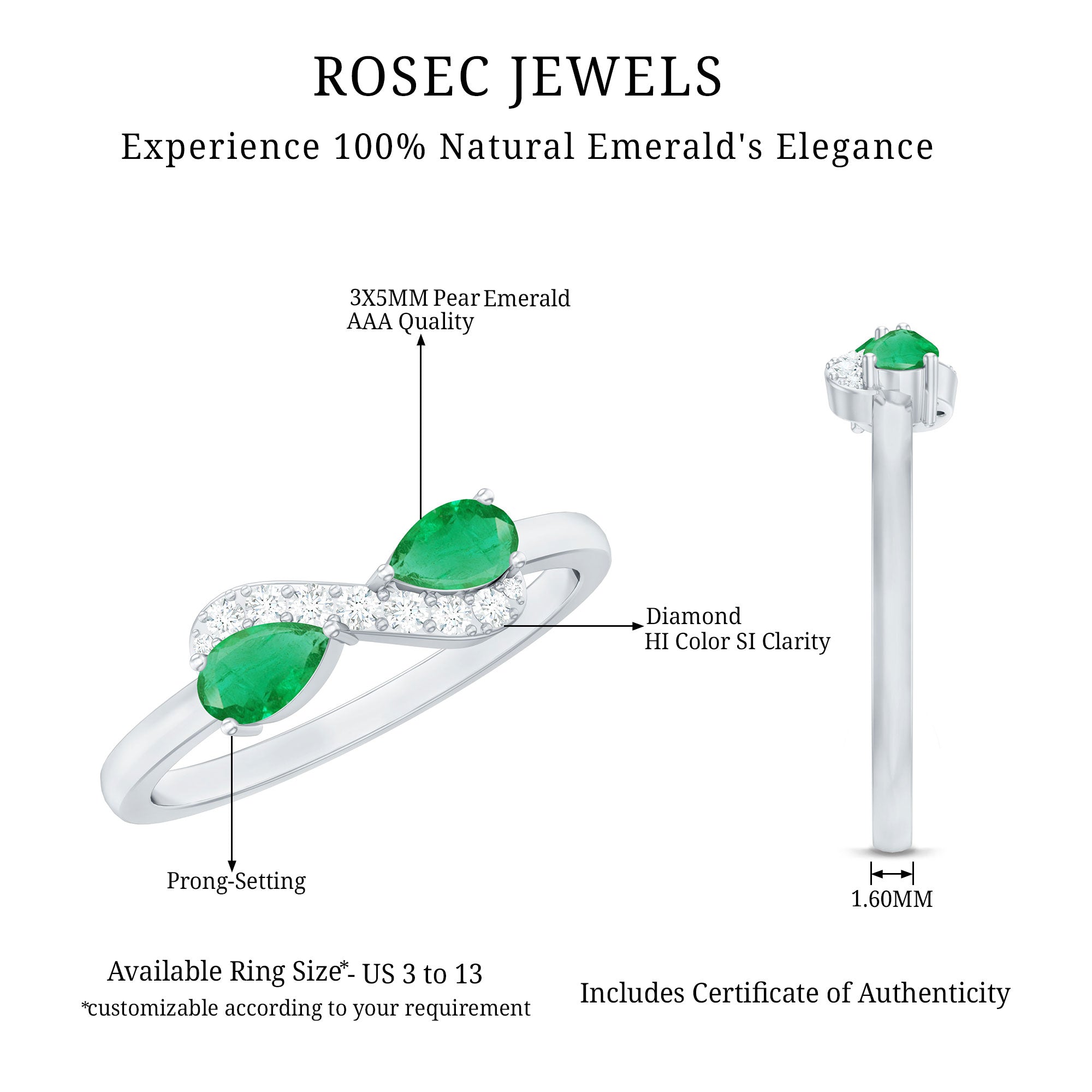 Rosec Jewels-Natural Pear Emerald and Diamond Infinity Promise Ring