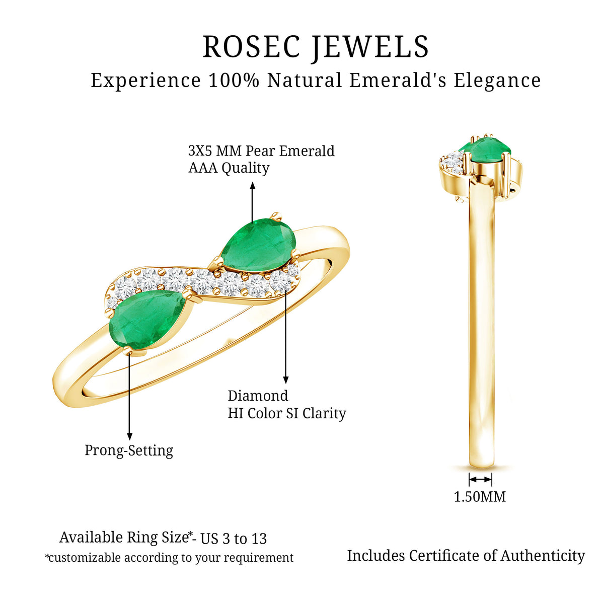 Natural Pear Emerald and Diamond Infinity Promise Ring AAA - Rosec Jewels