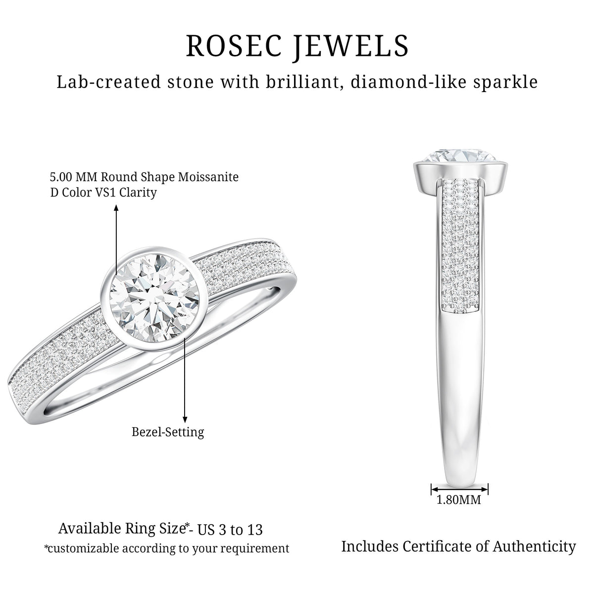 Bezel Set Moissanite Engagement Ring with Side Stones D-VS1 - Rosec Jewels