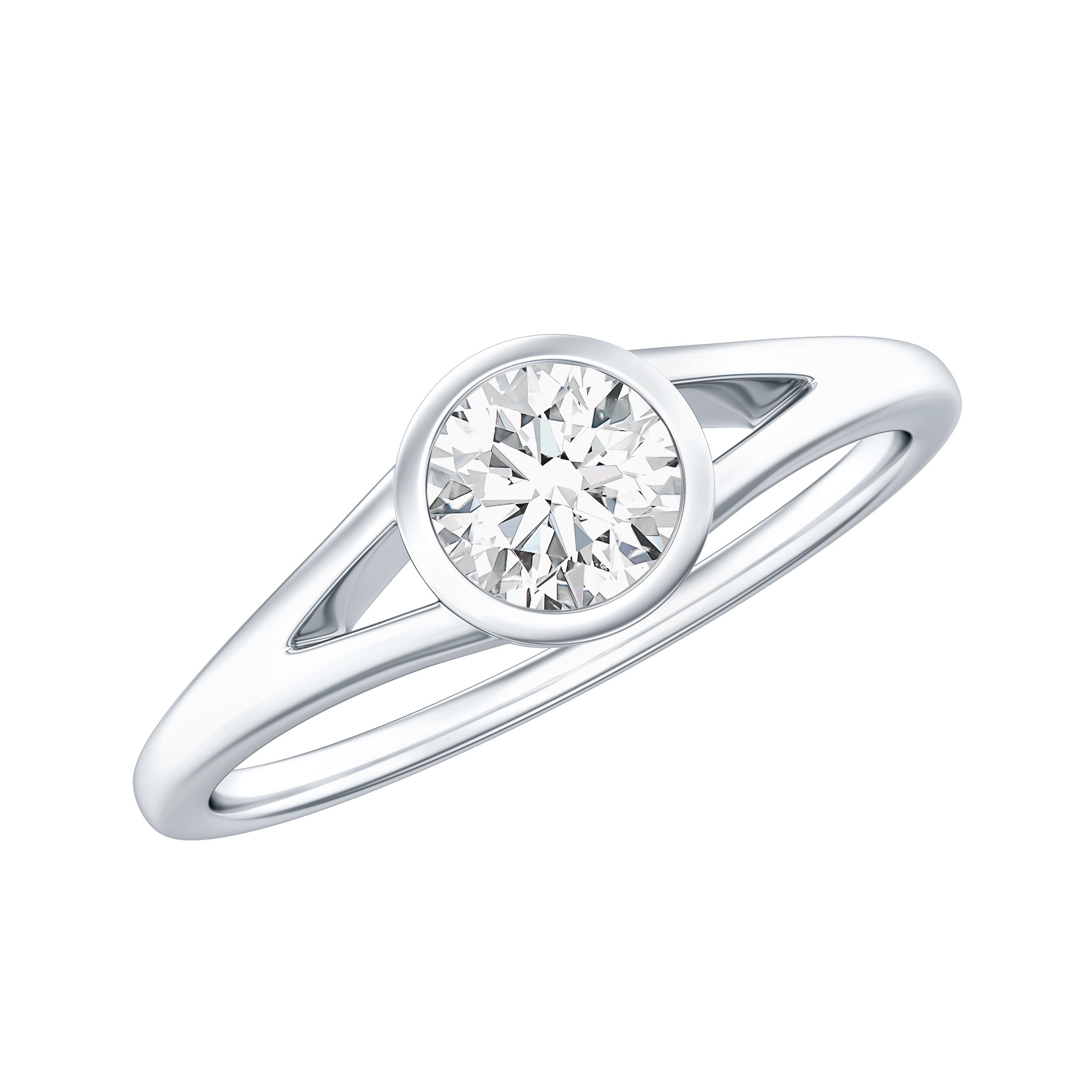 Bezel Set Round Moissanite Solitaire Promise Ring in Split Shank