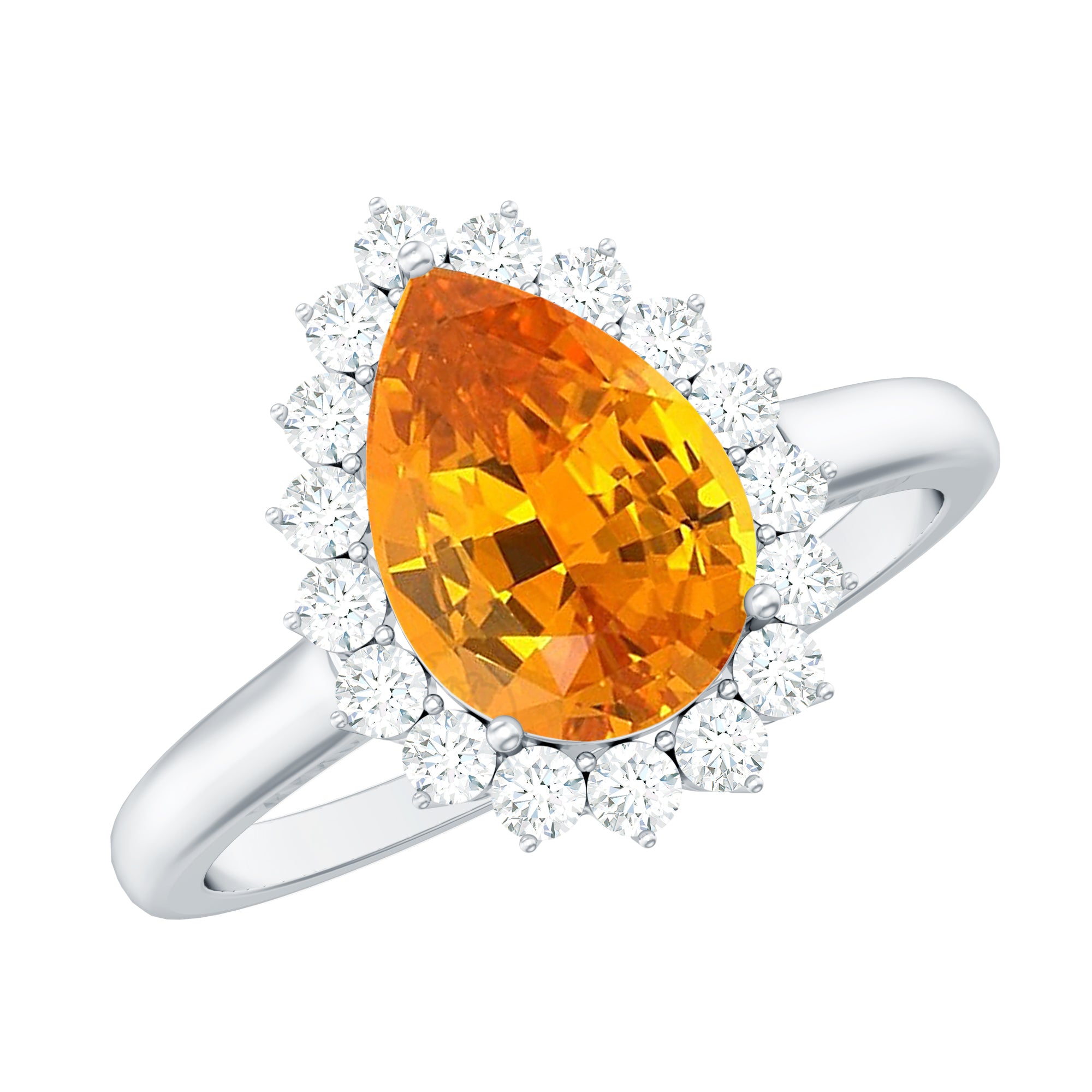 Pear Cut Created Orange Sapphire and Diamond Halo Engagement Ring