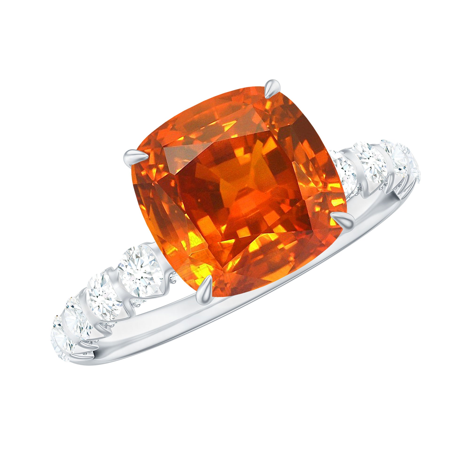 2.75 Carat Lab Grown Orange Sapphire Cushion Cut Engagement Ring with Diamond