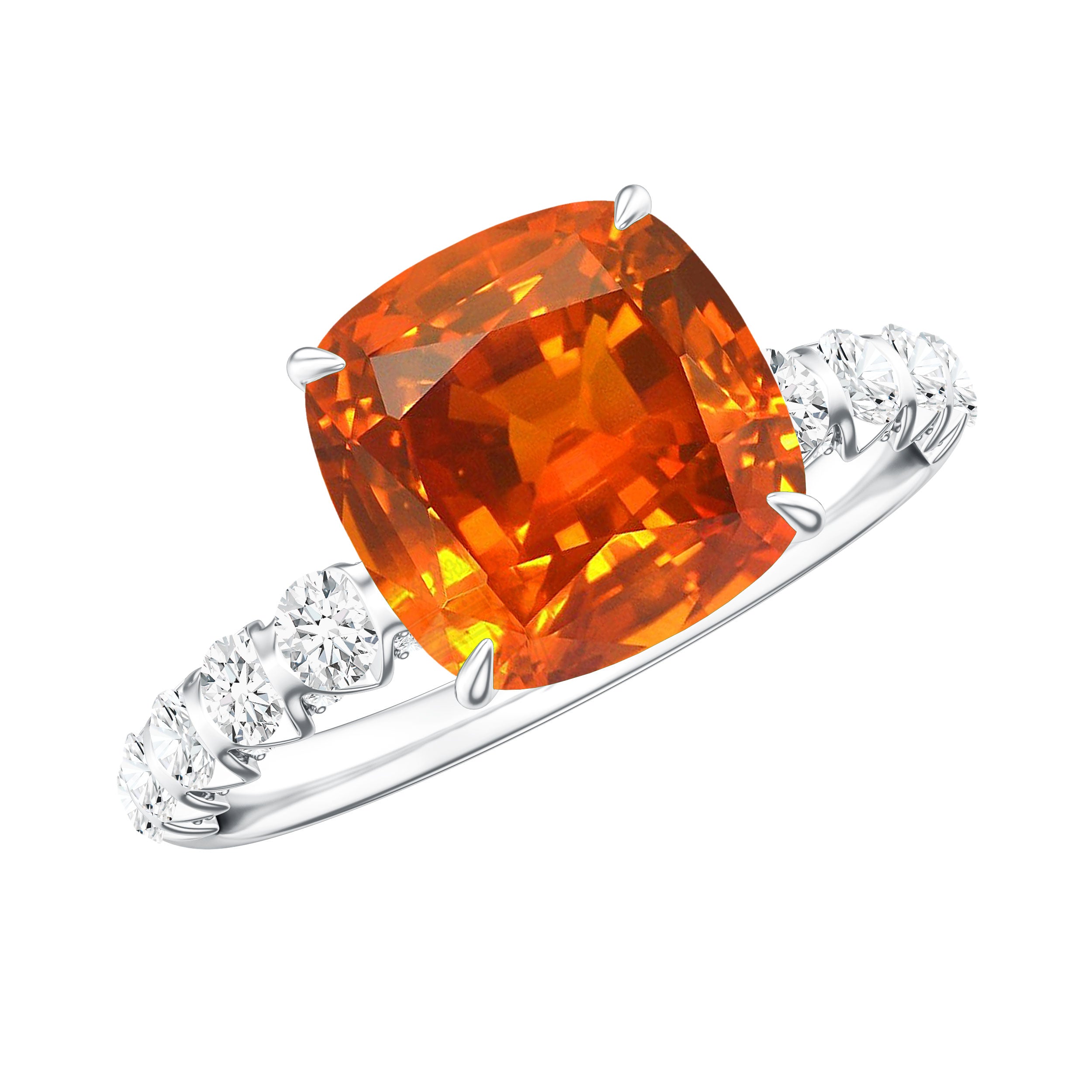 2.75 Carat Lab Grown Orange Sapphire Cushion Cut Engagement Ring with Diamond AAAA - Rosec Jewels